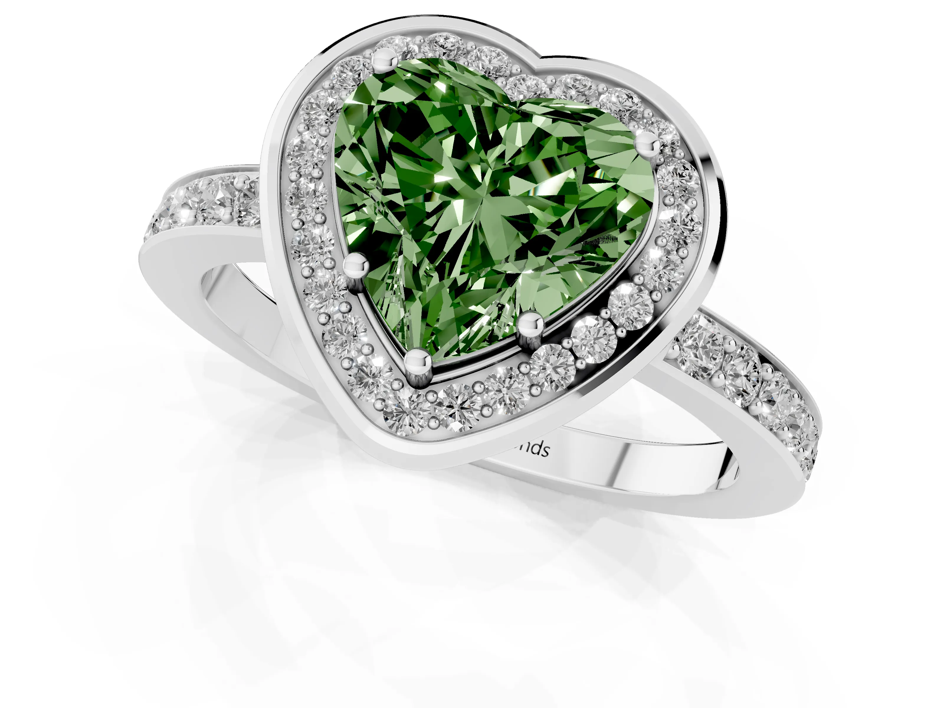 Fancy Green Heart Cut Diamond Halo Ring Set in White gold with Bezel Frame and Pavé Band