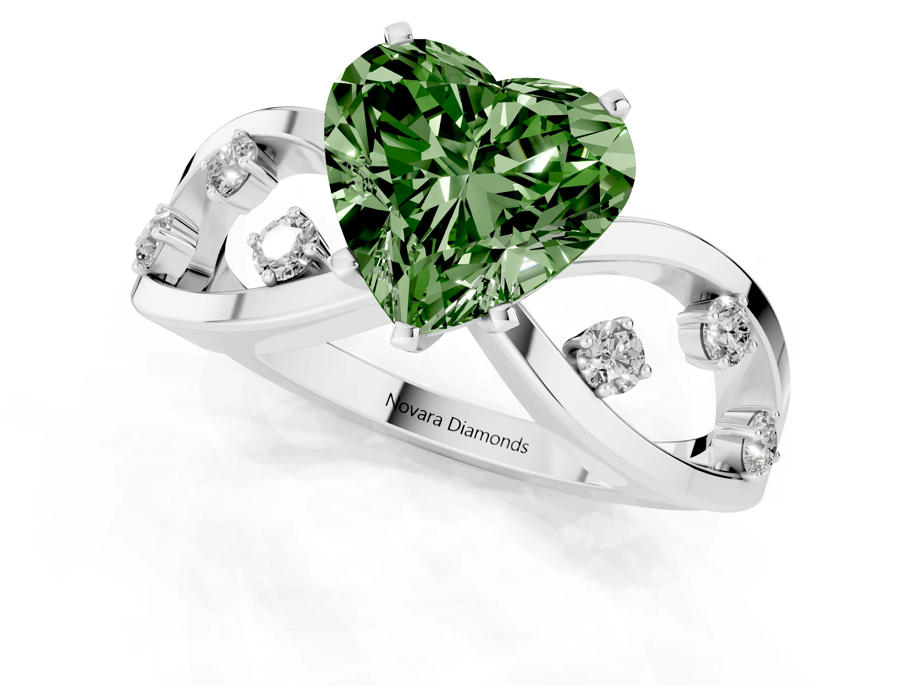 Fancy Green Heart Cut Diamond Solitaire Ring Set in Silver with Side Stones on Criss-Cross Band and Prong Setting