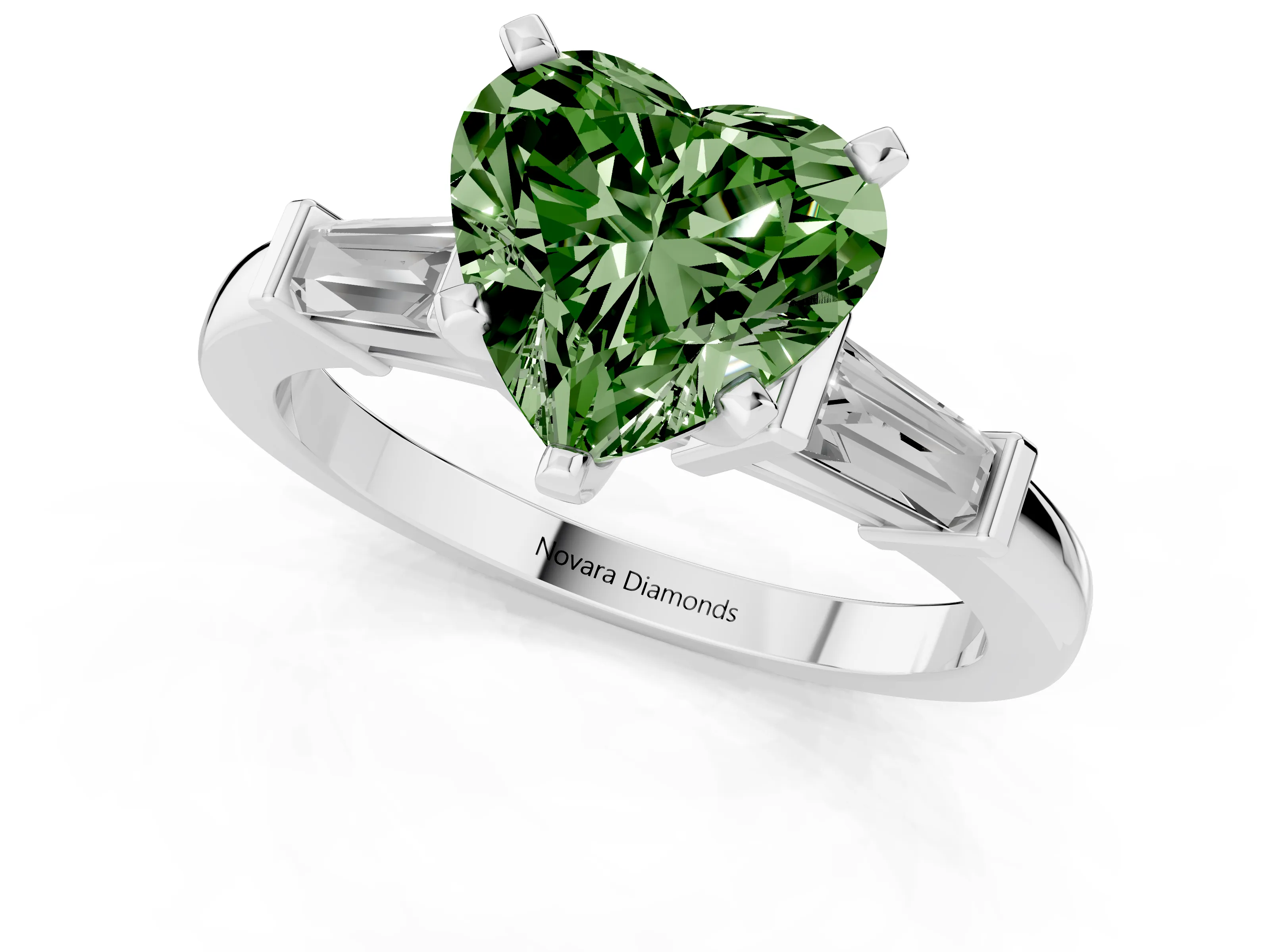 Fancy Green Heart Cut Diamond Solitaire Ring Set in Silver with Tapered Baguette Accents and Prong Setting