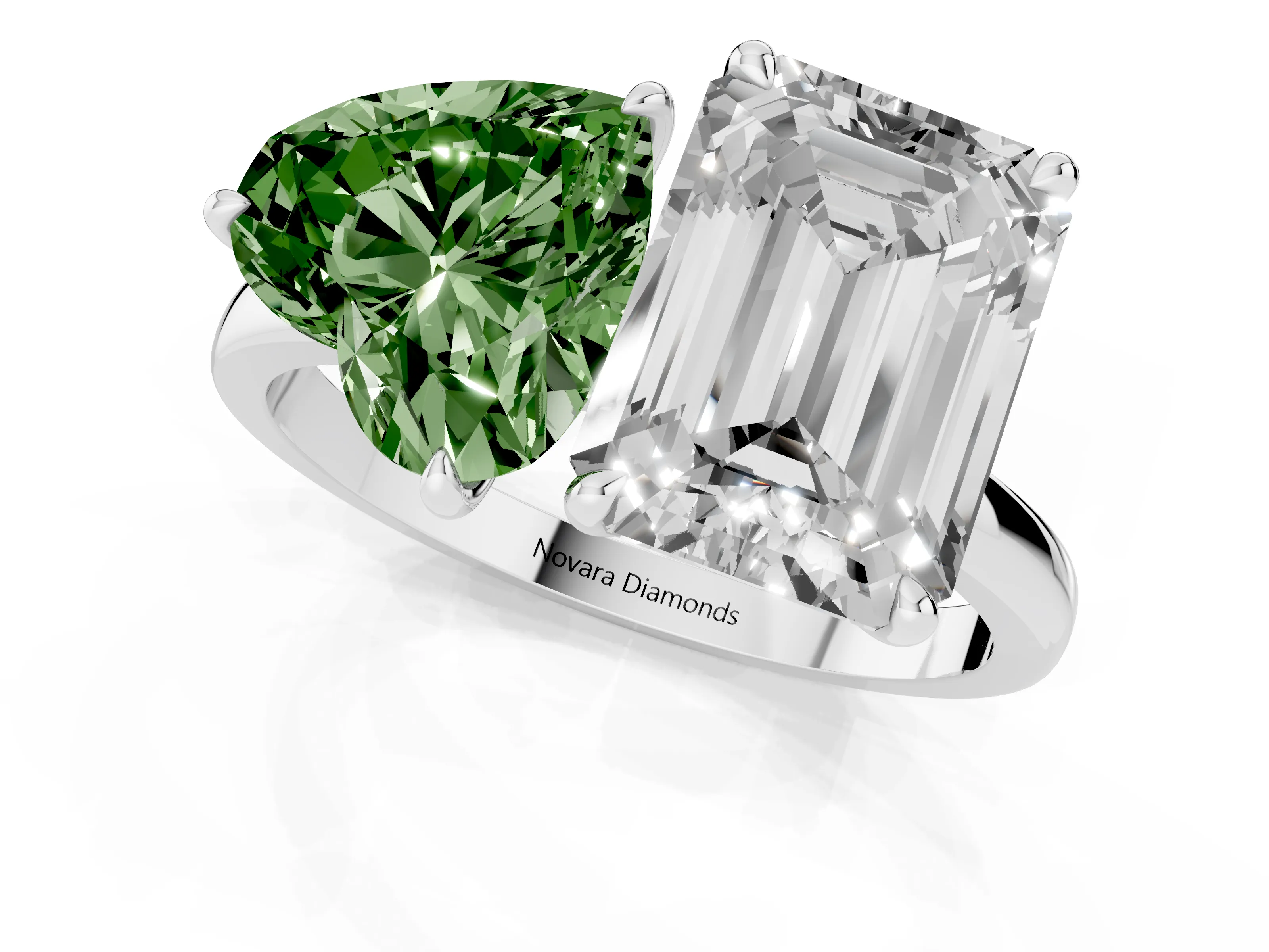 Fancy Green Heart Cut and Emerald Cut Toi Moi Ring Set in White gold with Prong Setting