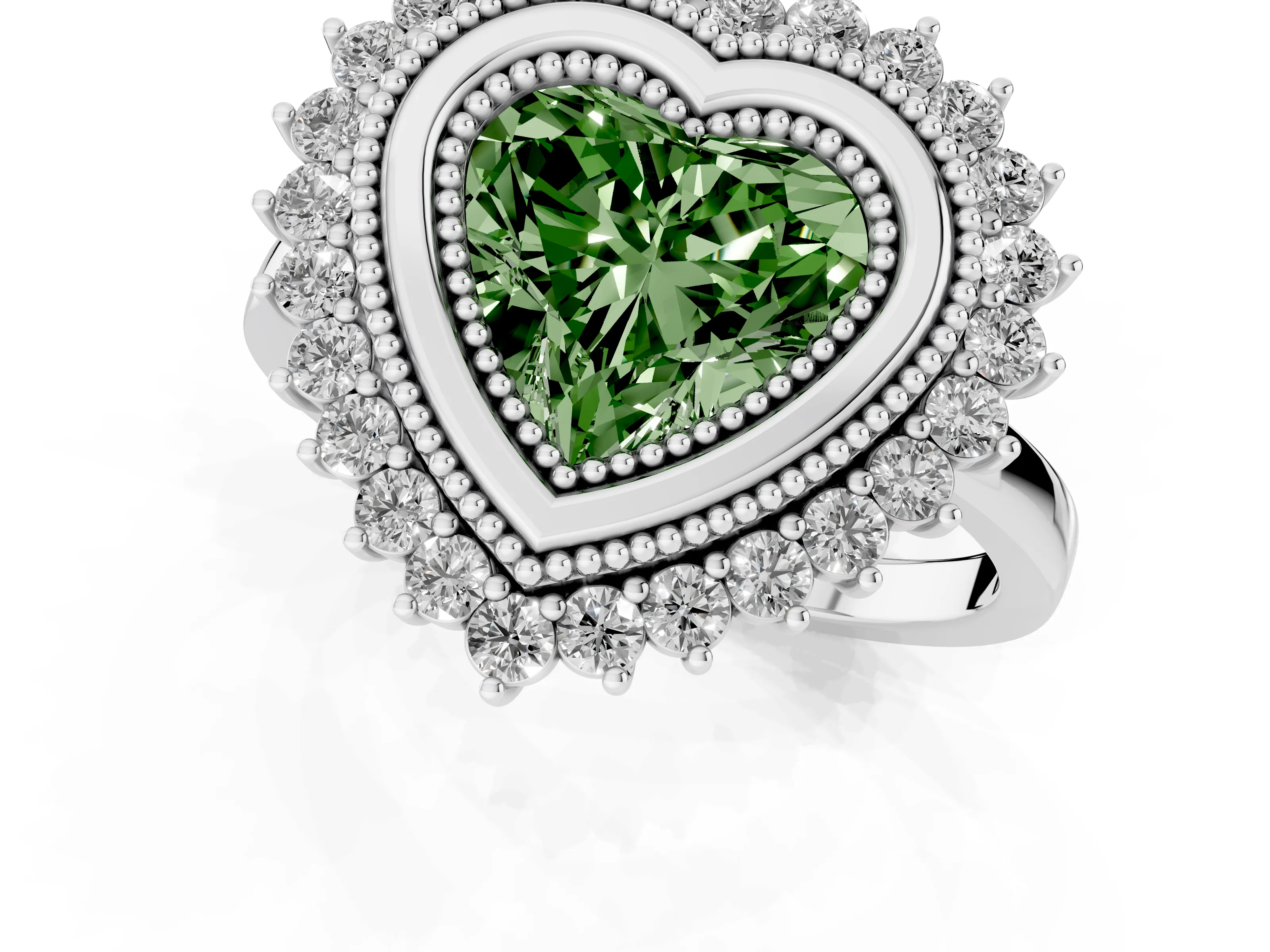 Fancy Green Heart Cut Diamond Halo Ring Set in White gold with Milgrain Edge and Round Prong Setting