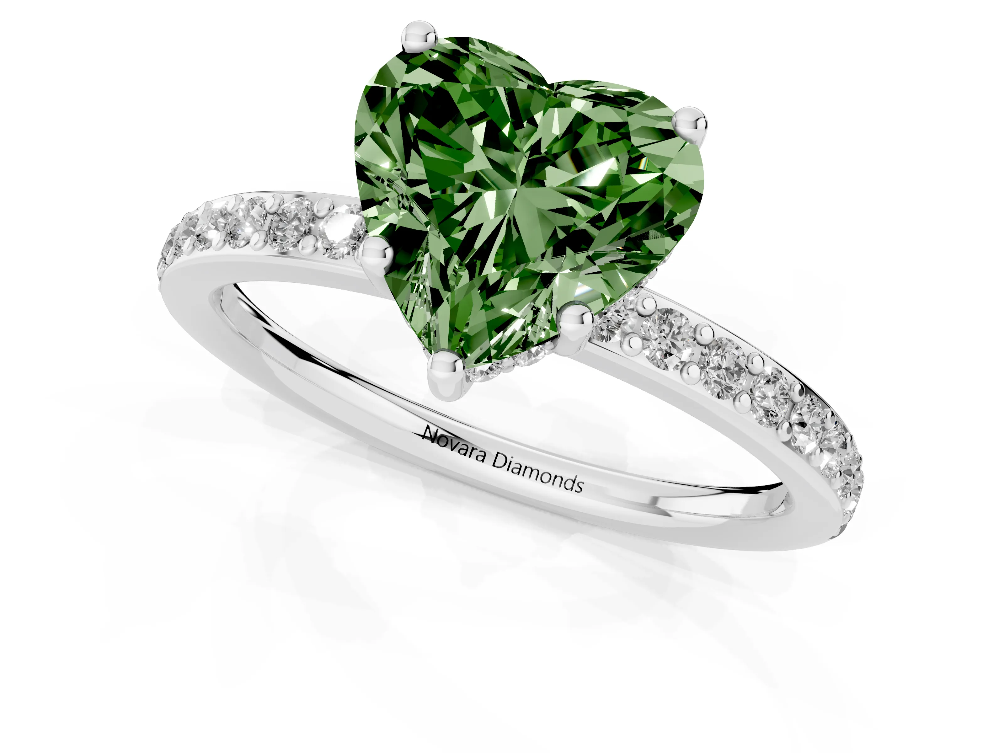 Fancy Green Heart Cut Diamond Pavé Band Ring Set in Silver with Prong-Set Center Stone