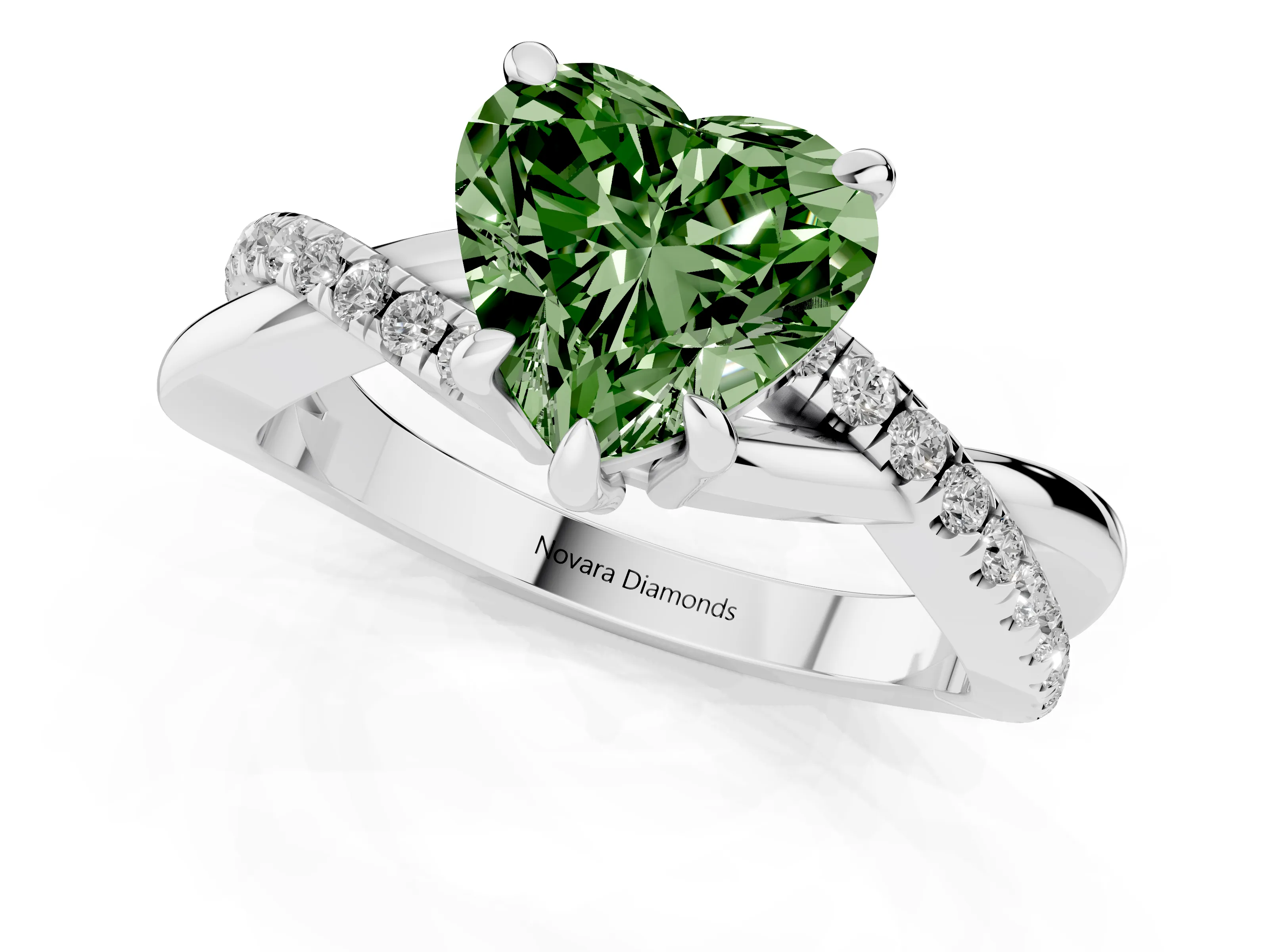 Fancy Green Heart Cut Diamond Twist Band Solitaire Set in White gold with Pavé Accents and Prong Setting
