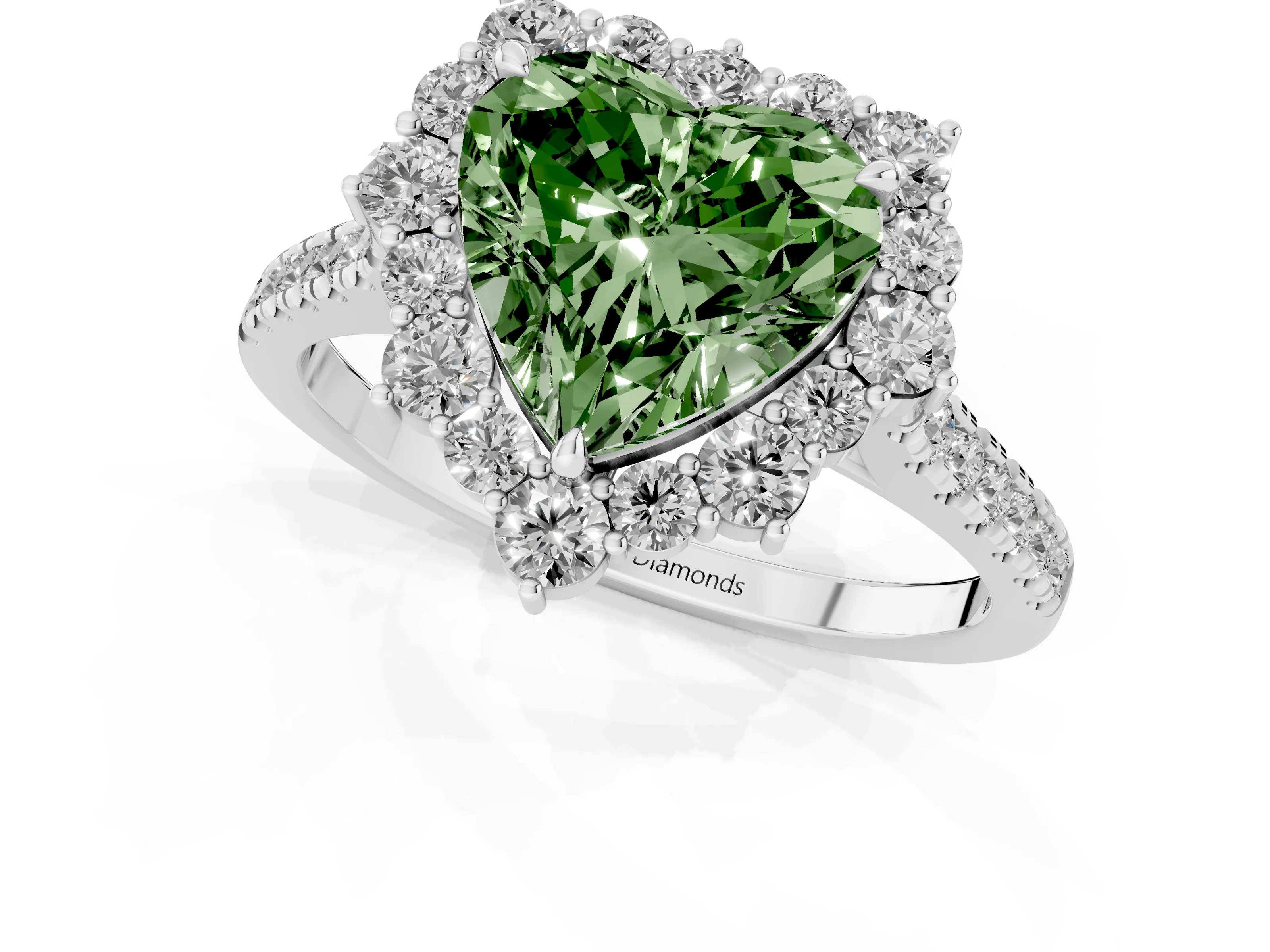 Fancy Green Heart Cut Diamond Halo Ring Set in Silver with Pavé Band and Prong Setting