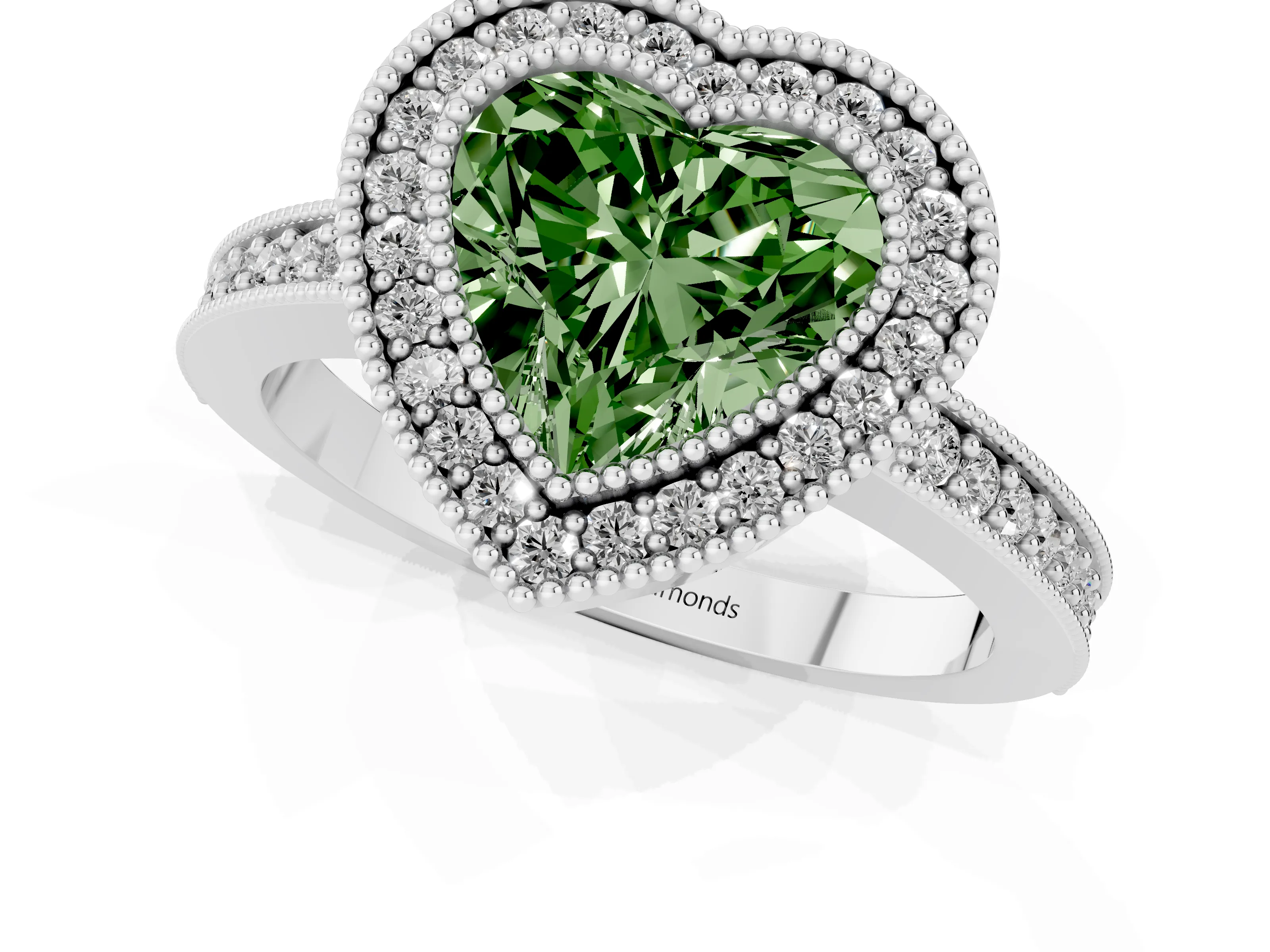 Fancy Green Heart Cut Diamond Halo Engagement Ring Set in Platinum with Pavé Band and Round Halo Stones