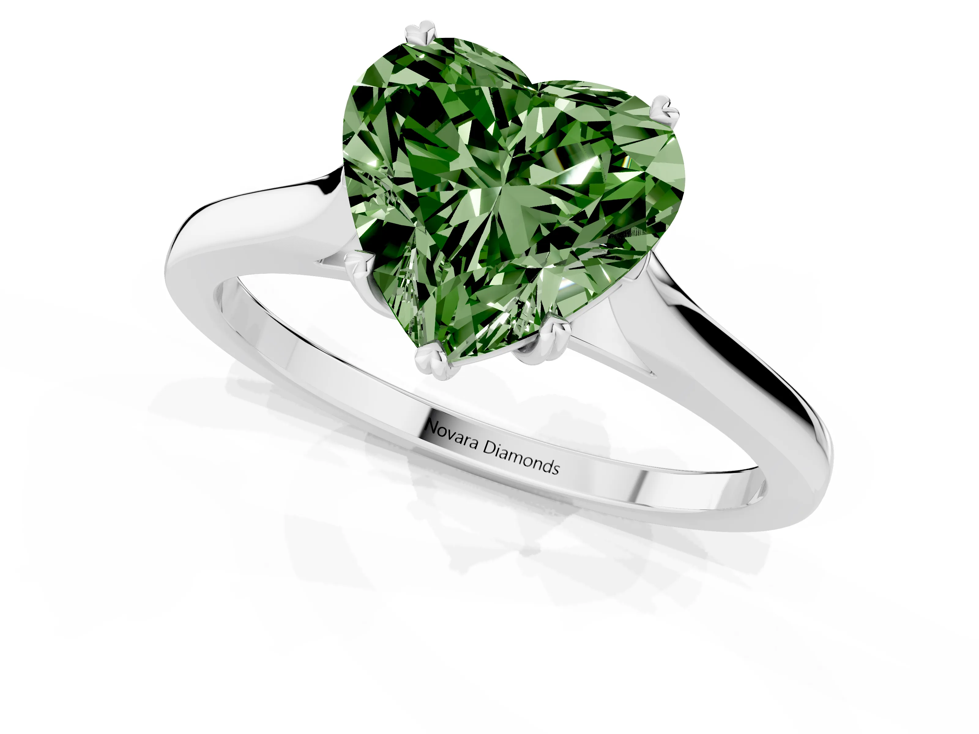 Fancy Green Heart Cut Diamond Solitaire Heart Prong Engagement Ring Set in Silver with Tapered Band