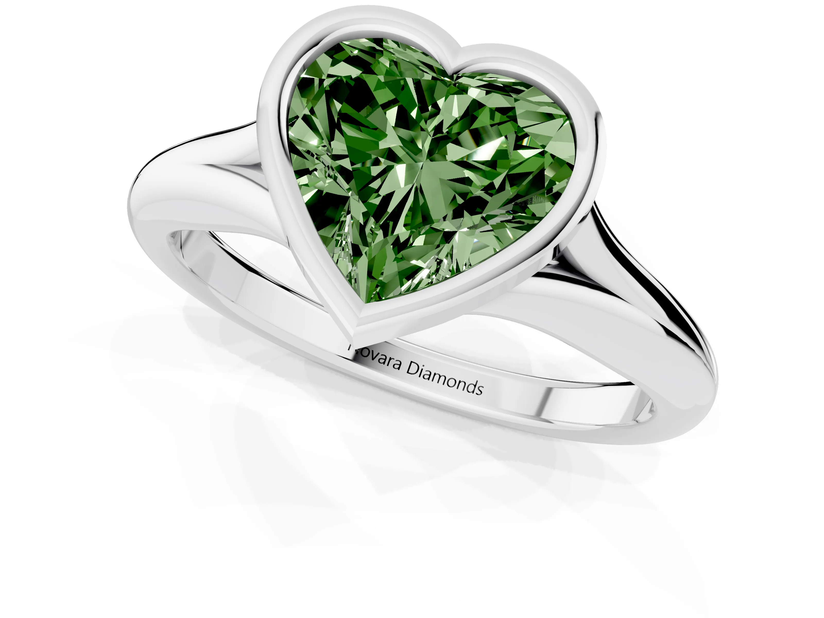 Fancy Green Bezel Set Heart Cut Diamond Solitaire Ring Set in Silver with Smooth Band