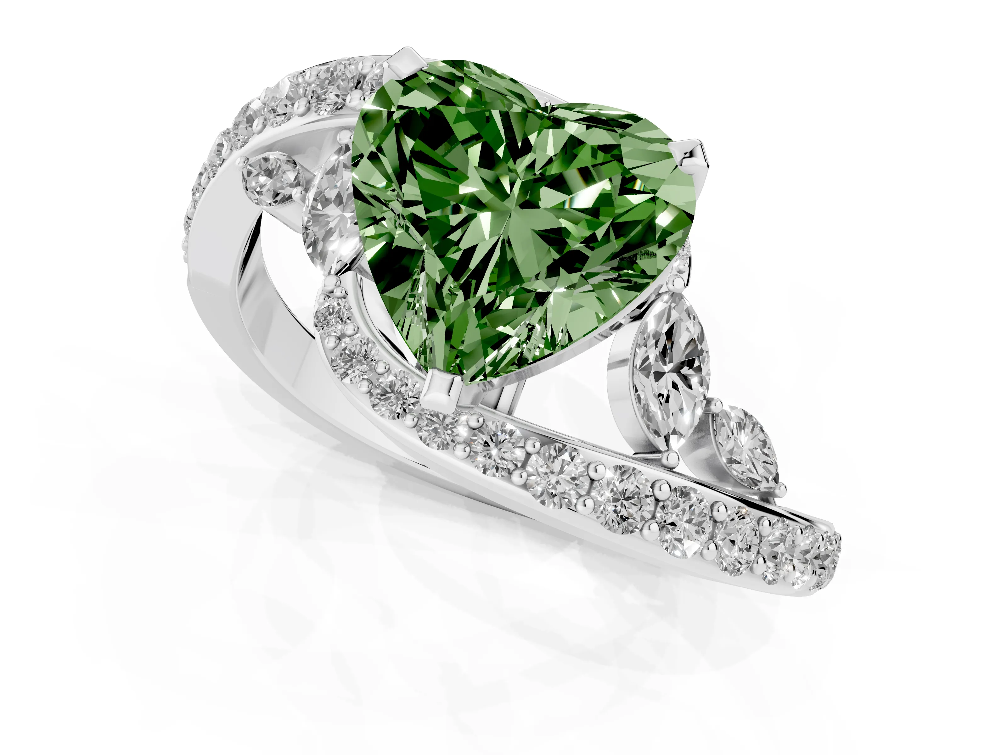 Fancy Green Heart Cut Diamond Solitaire Ring Set in Silver with Pavé Twist Band and Secure Prong Setting