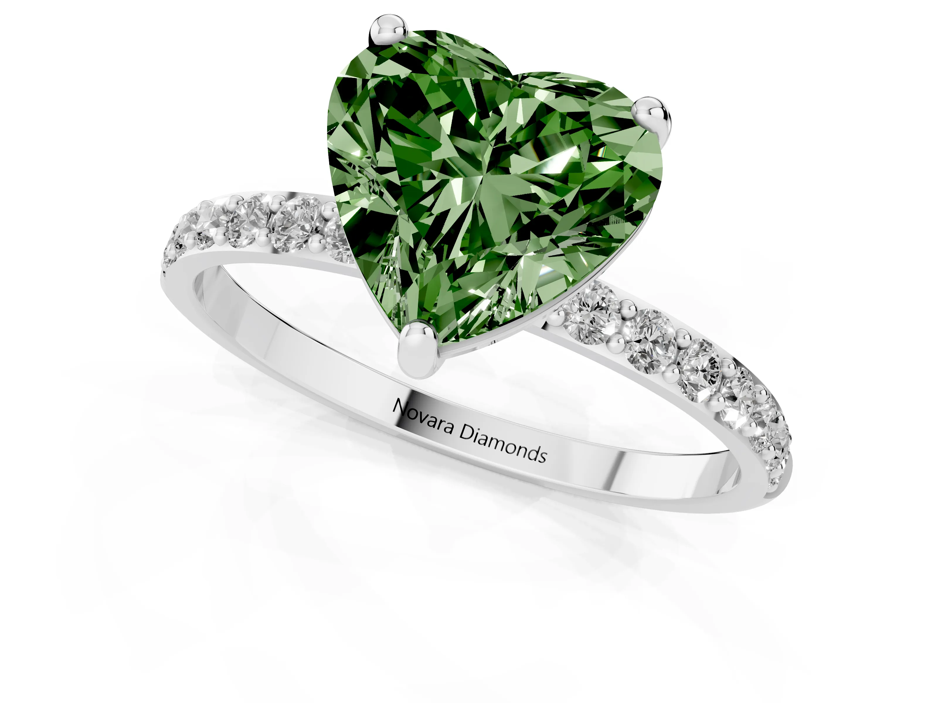 Fancy Green Heart Cut Diamond Solitaire Ring Set in Silver with Round Pavé Band and Prong Setting