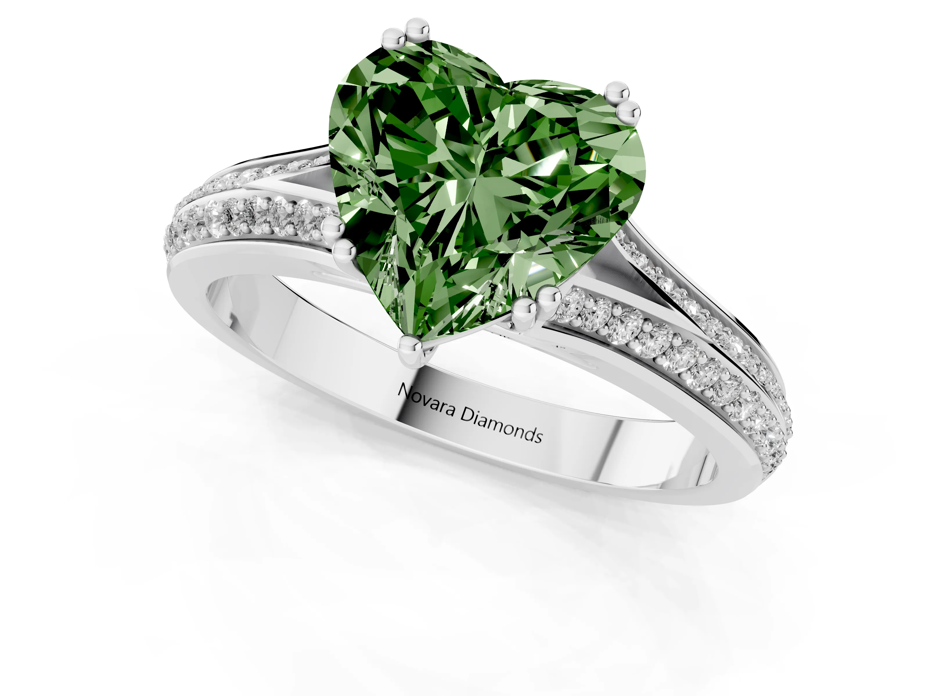 Fancy Green Heart Cut Diamond Split Shank Pavé Engagement Ring Set in White gold with Prong-Set Center Stone