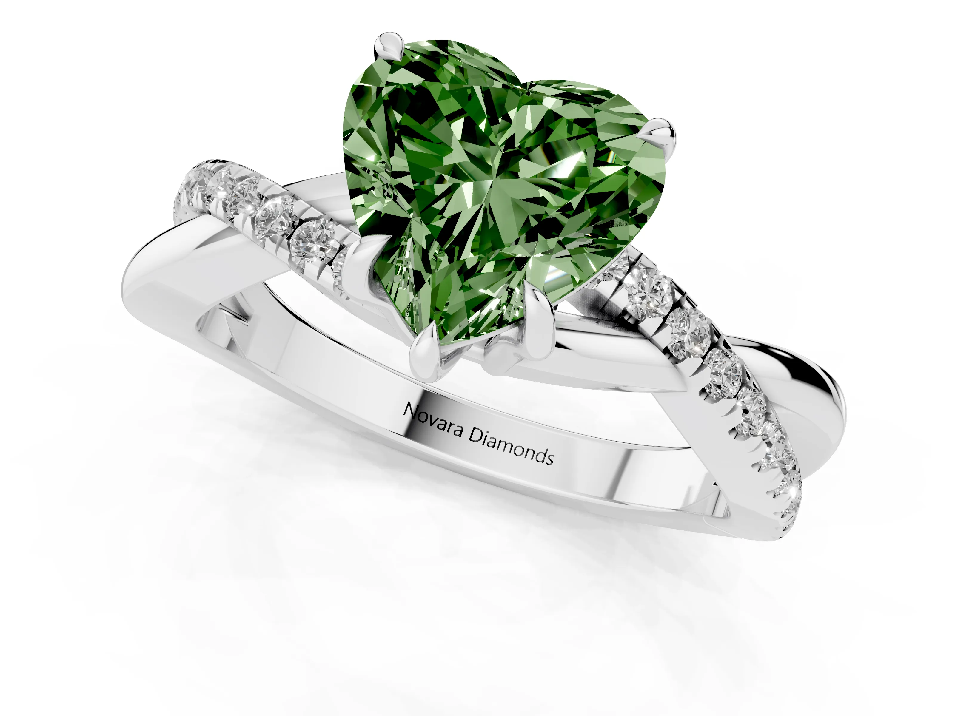 Fancy Green Heart Cut Diamond Twisted Pavé Band Ring Set in Platinum with Prong Setting