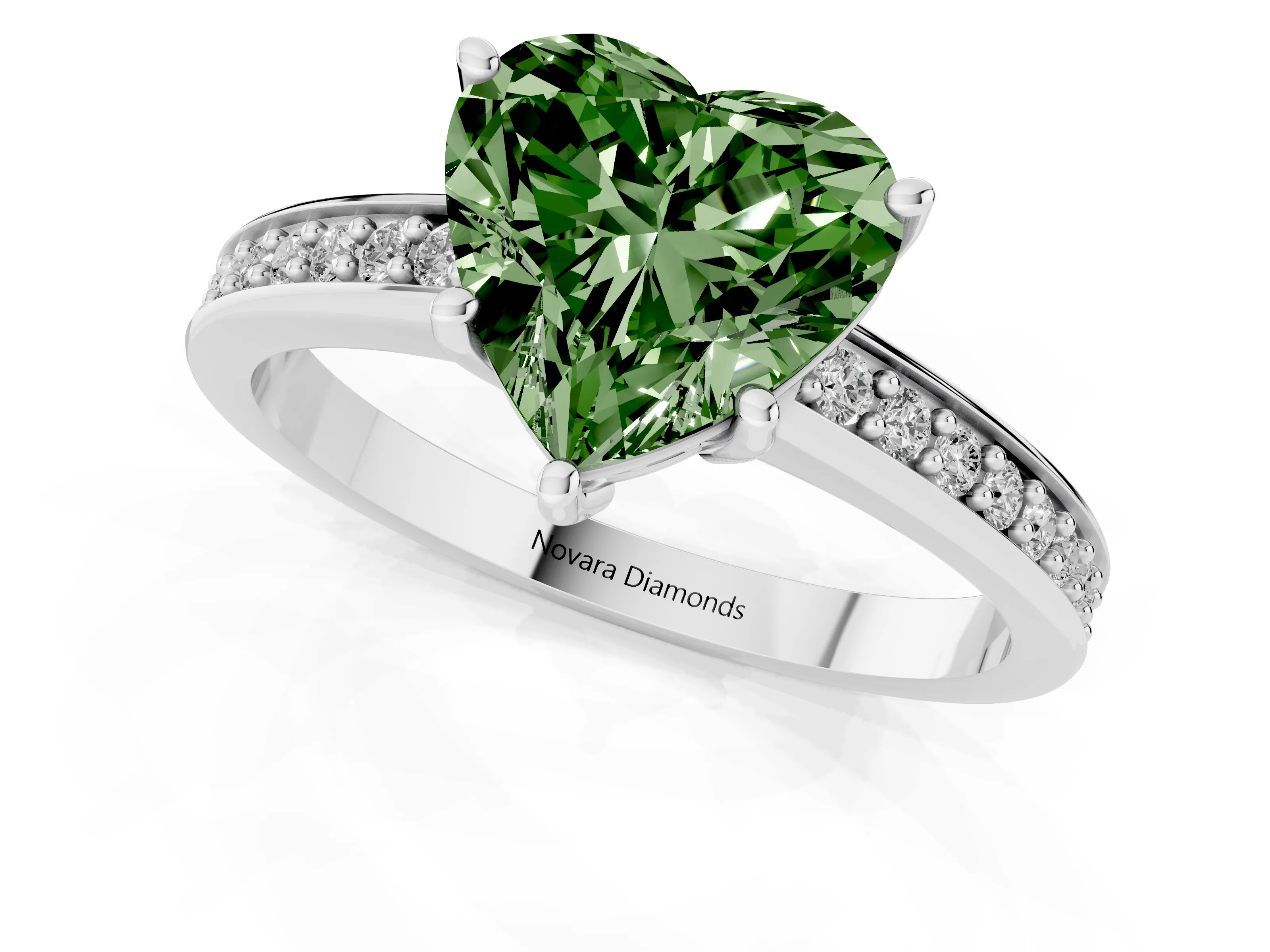 Fancy Green Heart Cut Diamond Pavé Band Prong Set Solitaire Ring Set in White gold