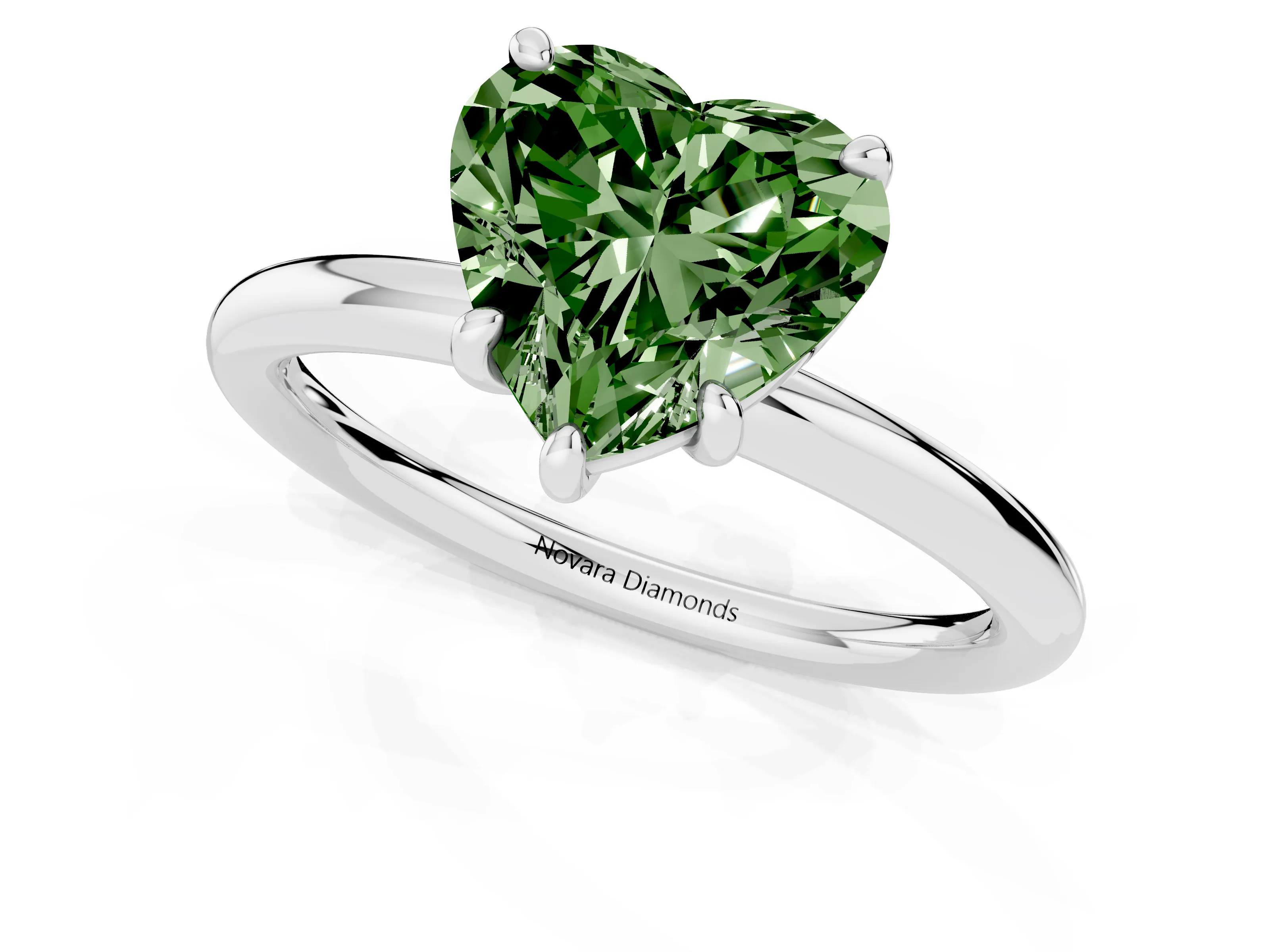 Fancy Green Heart Cut Diamond Solitaire Ring Set in Platinum with Prong Setting on a Polished Plain Band