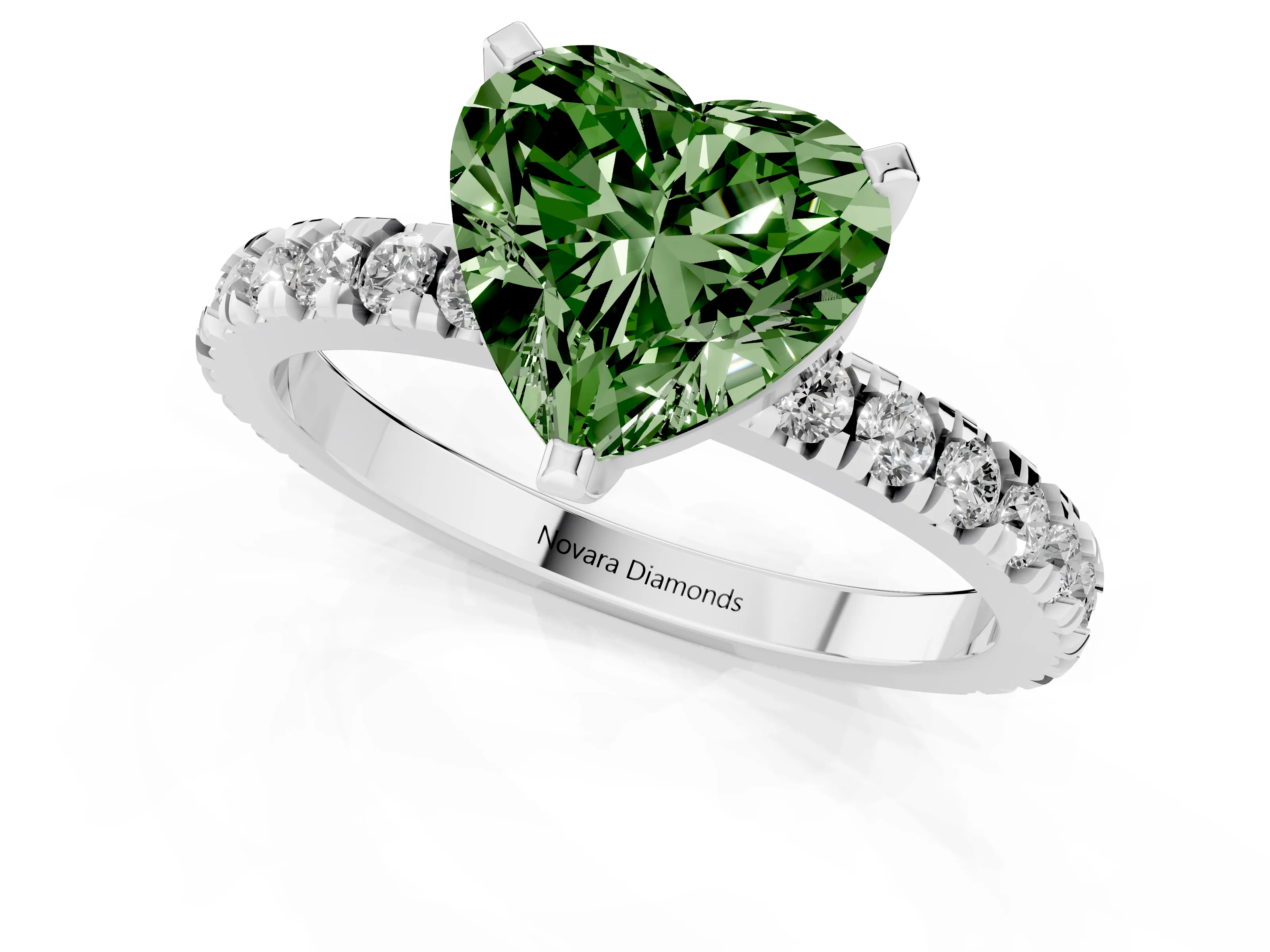 Fancy Green Heart Cut Diamond Pavé Band Solitaire Set in White gold with Prong Setting