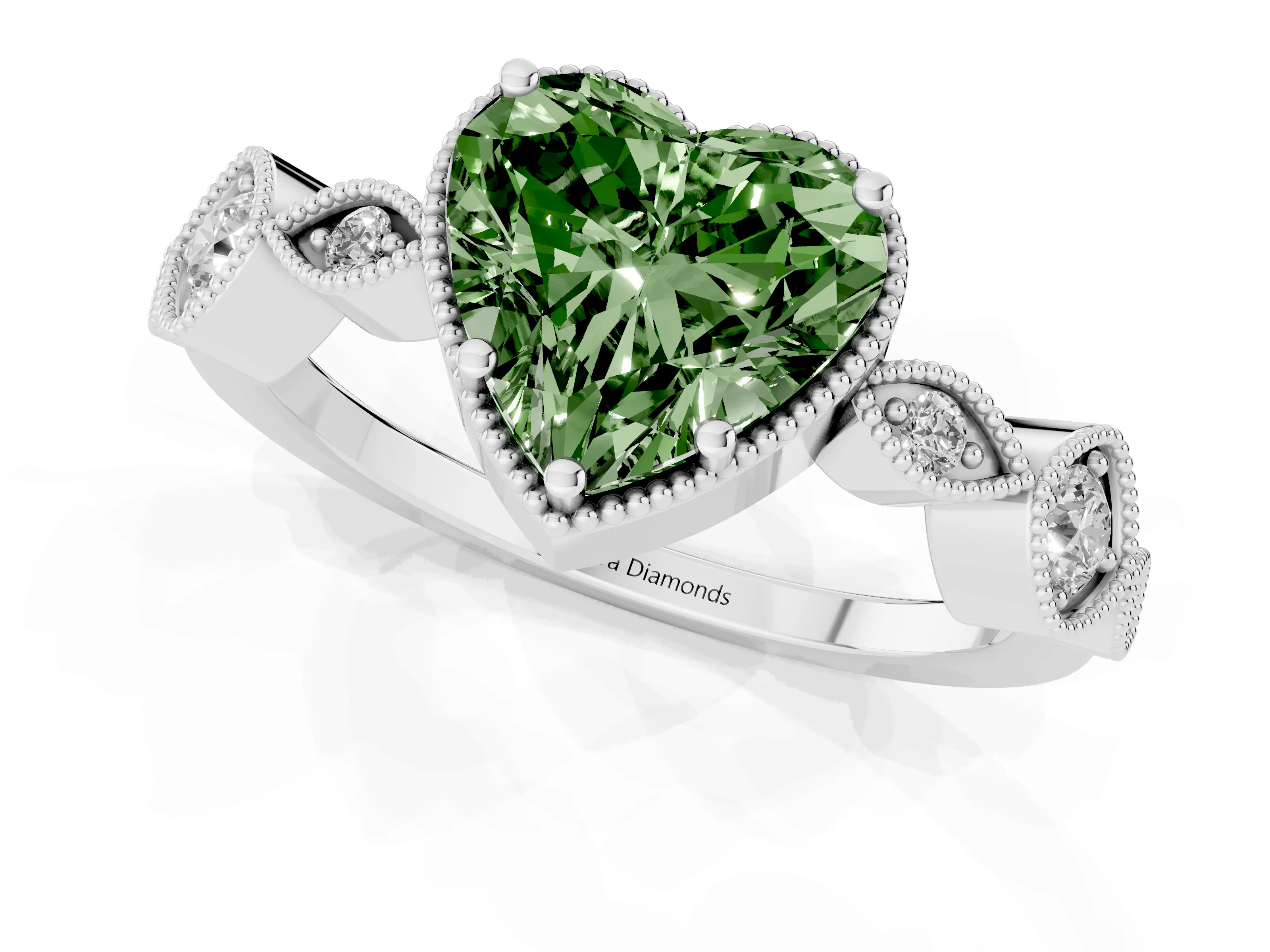 Fancy Green Heart Cut Diamond Vintage-Inspired Milgrain Ring Set in Silver with Marquise Stations of Round Accents