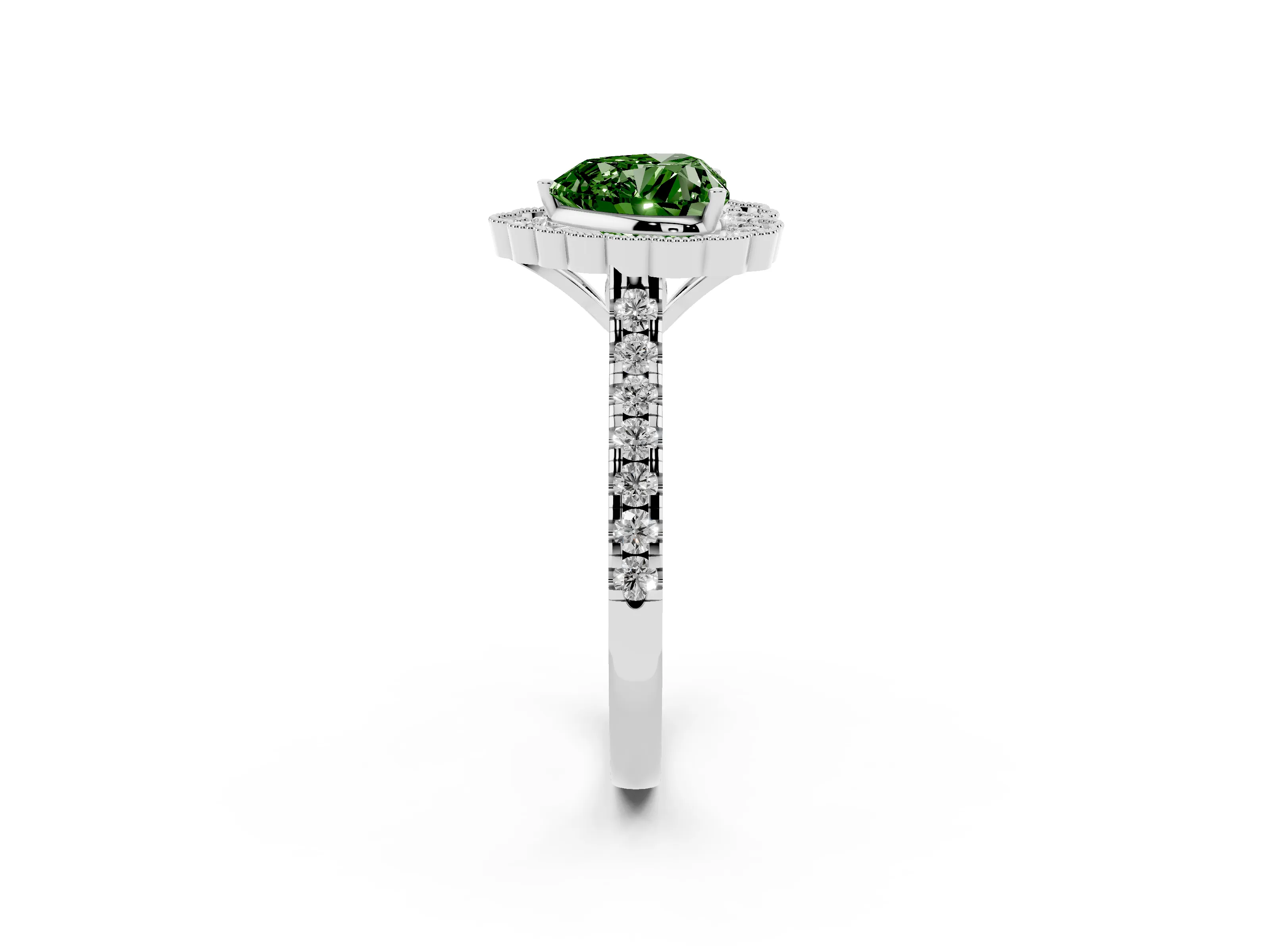 Fancy Green Heart Cut Diamond Milgrain Floral Halo Engagement Ring Set in White gold with Pavé Band