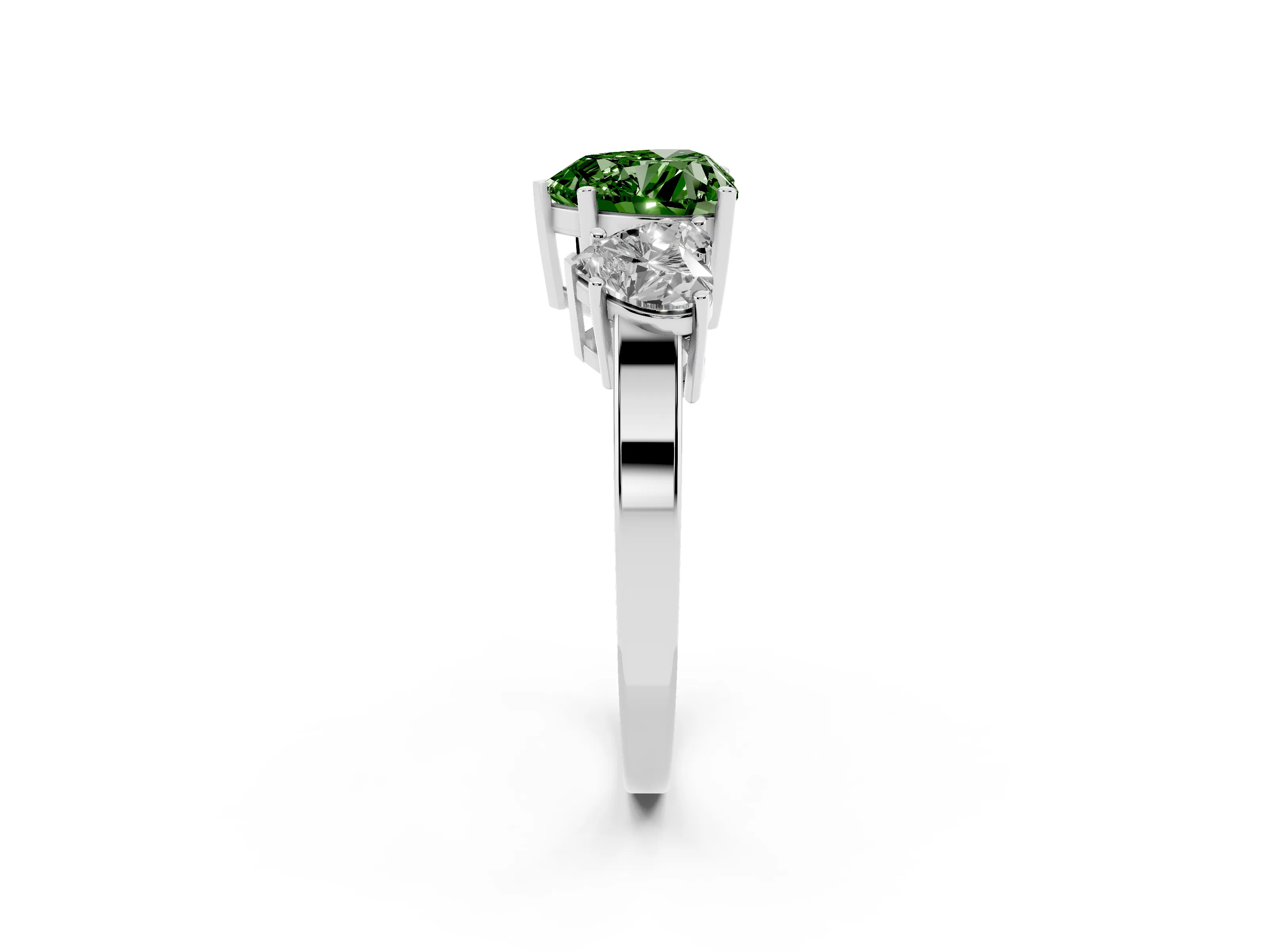 Fancy Green Heart Cut Diamond Three-Stone Engagement Ring Set in Platinum with Flat Band