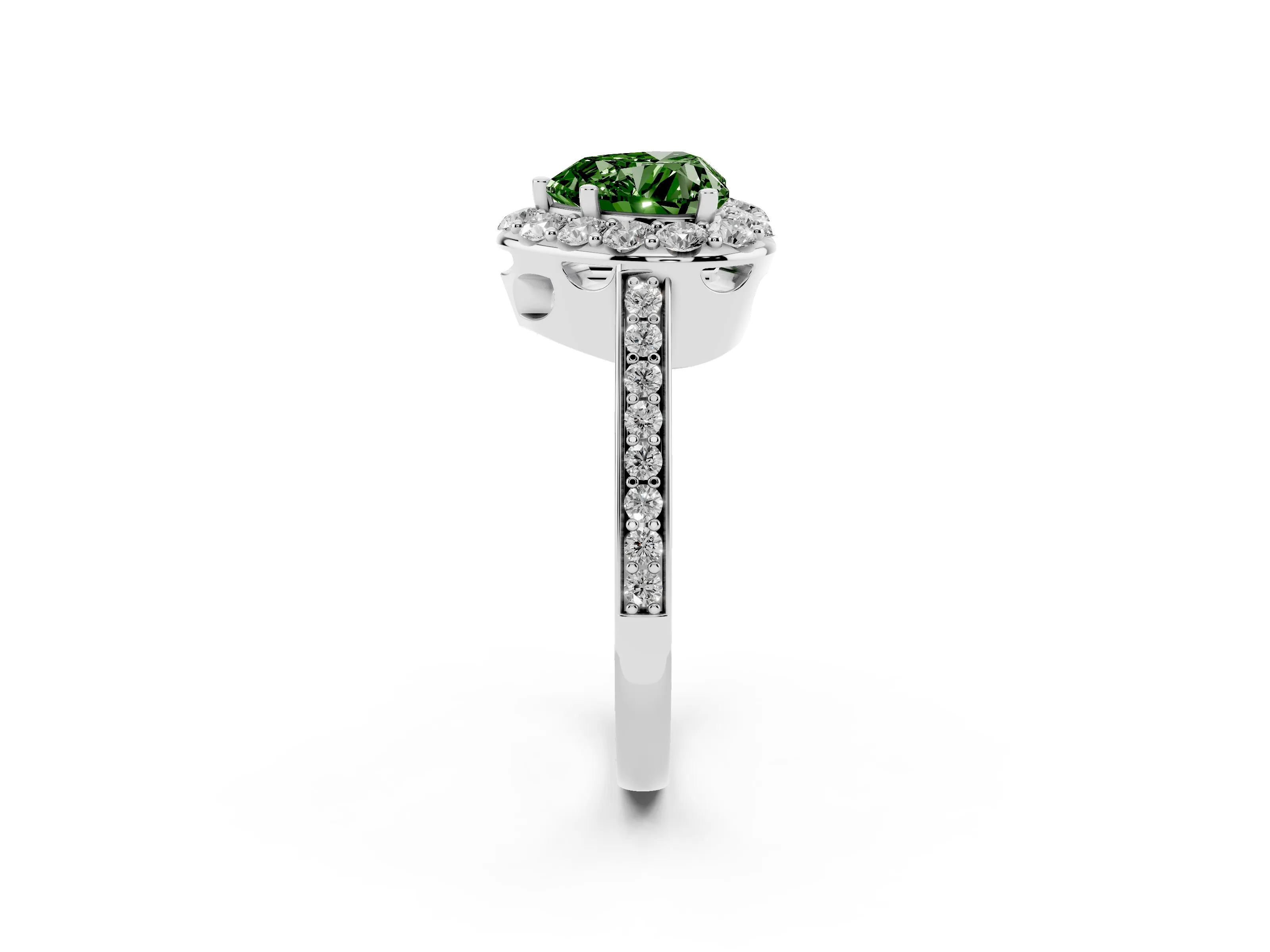 Fancy Green Heart Cut Diamond Floral Halo Ring Set in Platinum with Pavé Band and Prong Setting