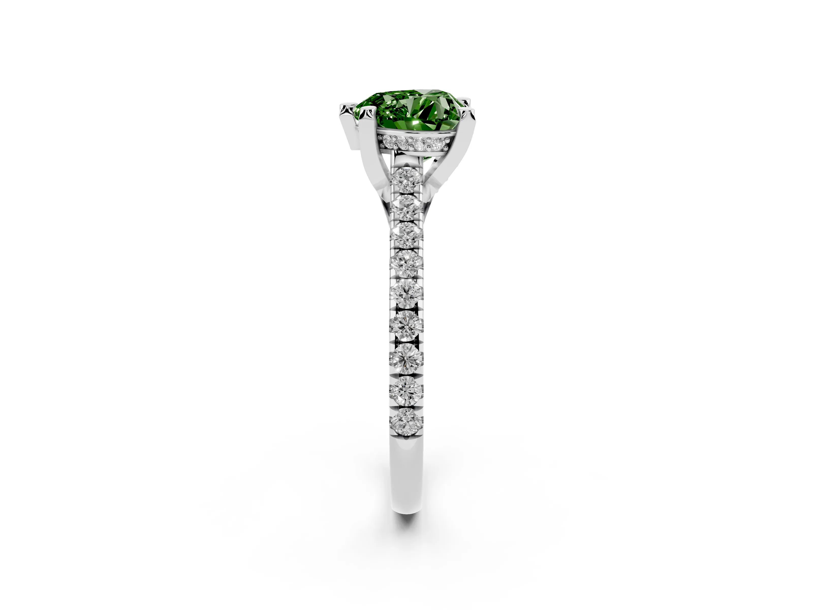 Fancy Green Heart Cut Diamond Solitaire Ring Set in Silver with Brilliant Pavé Band and Prong Setting