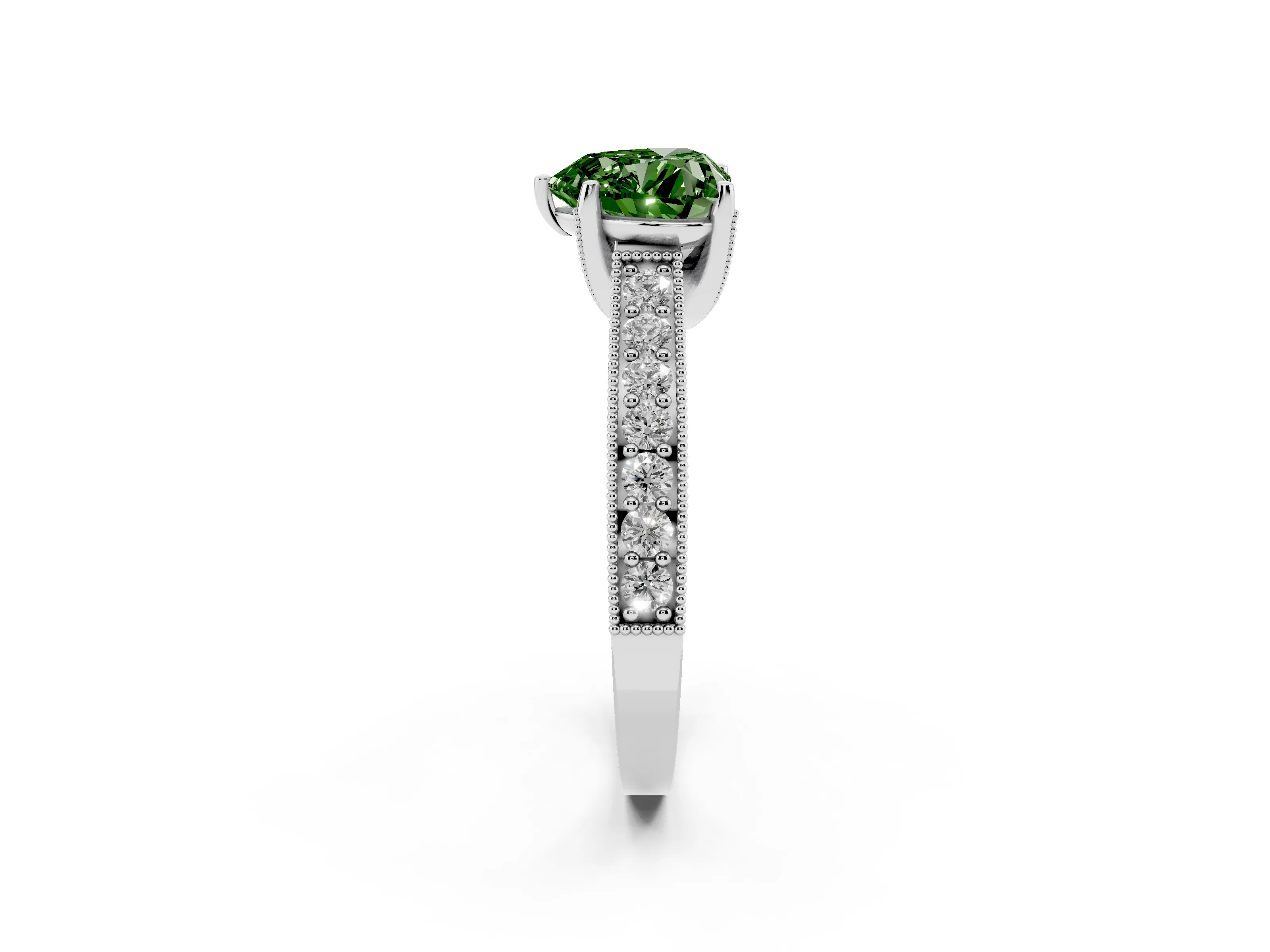 Fancy Green Heart Cut Diamond Solitaire Ring Set in White gold with Milgrain-Edged Pavé Band and Prong Setting