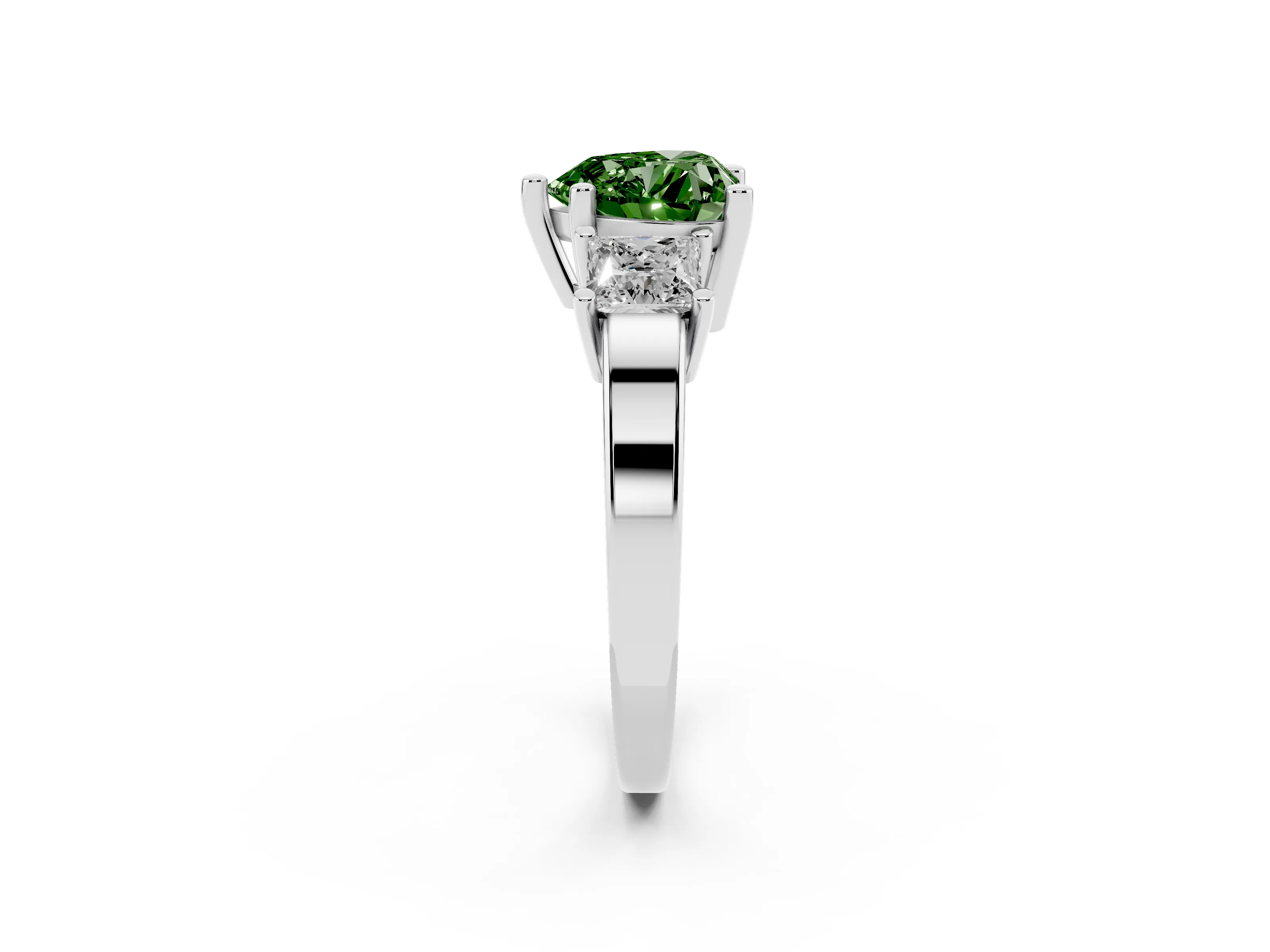 Fancy Green Three-Stone Heart Cut Diamond Solitaire Ring Set in Platinum with Prong Setting