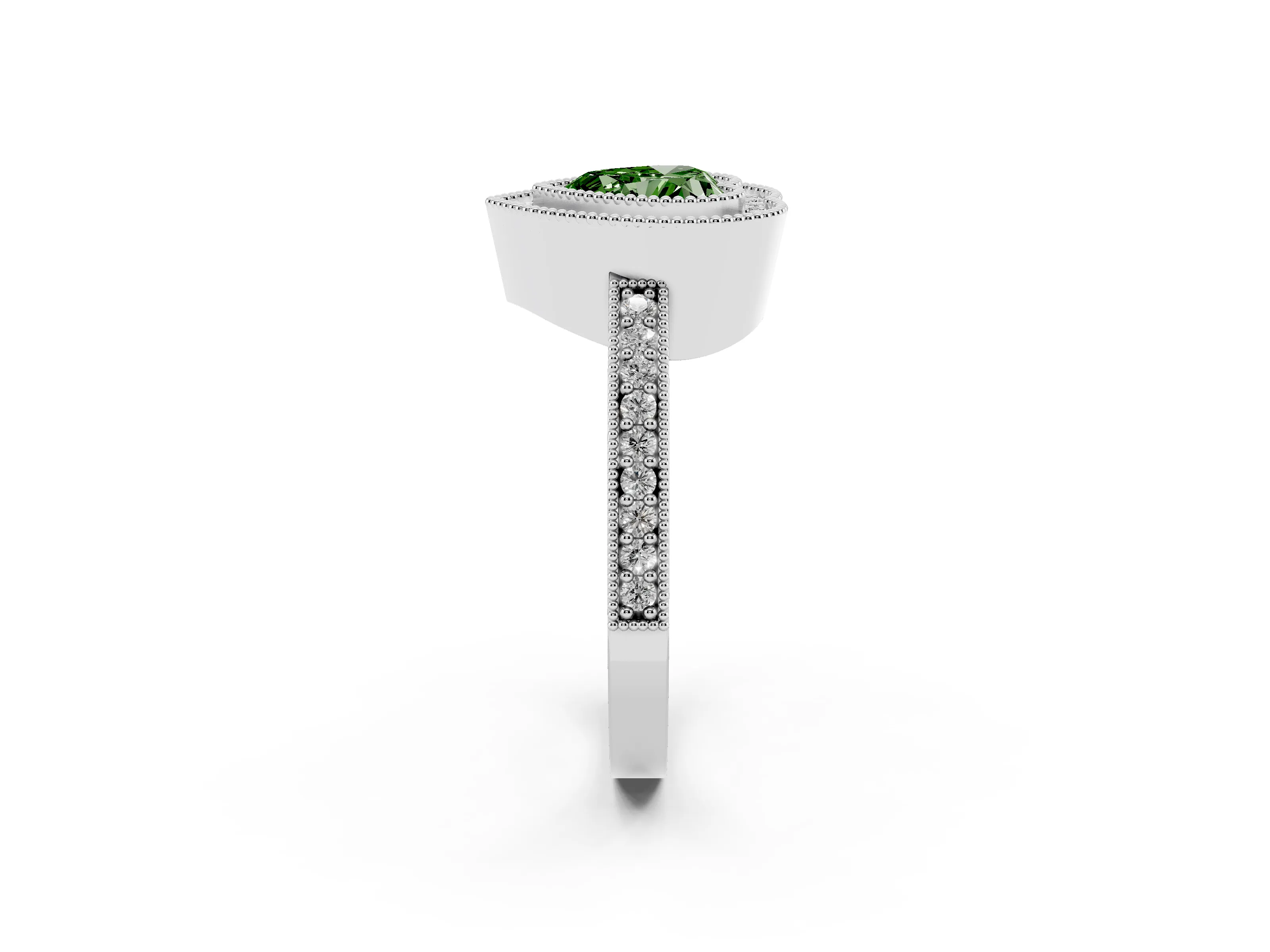 Fancy Green Heart Cut Diamond Halo Engagement Ring Set in Platinum with Pavé Band and Round Halo Stones