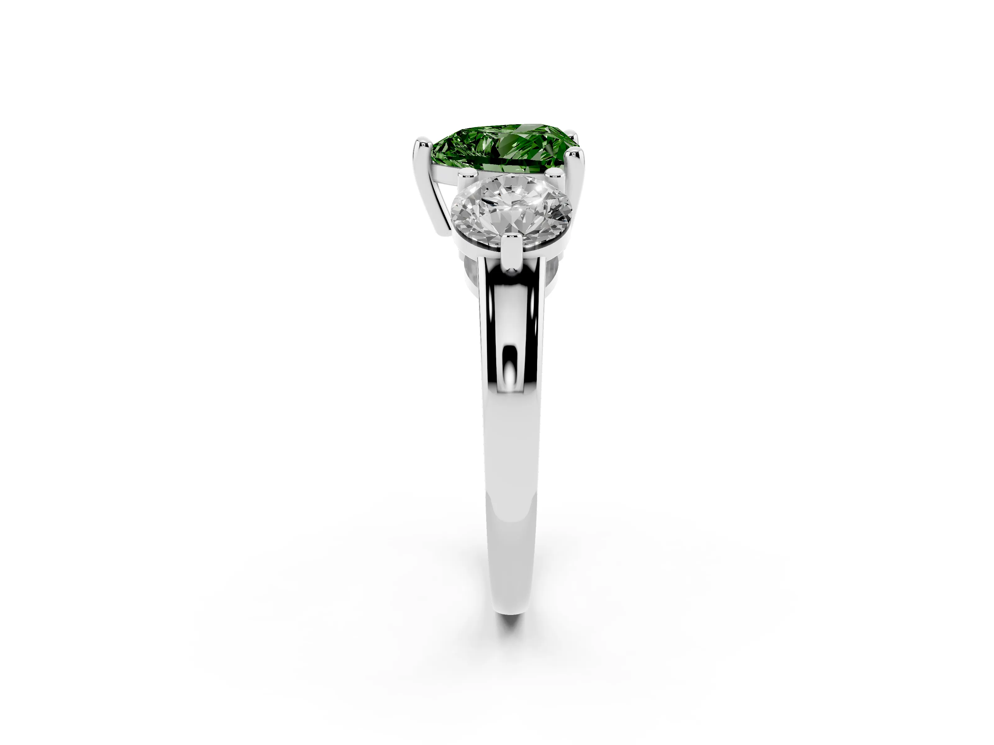 Fancy Green Heart Cut Diamond Three-Stone Ring Set in Platinum with Prong Setting and Classic Band