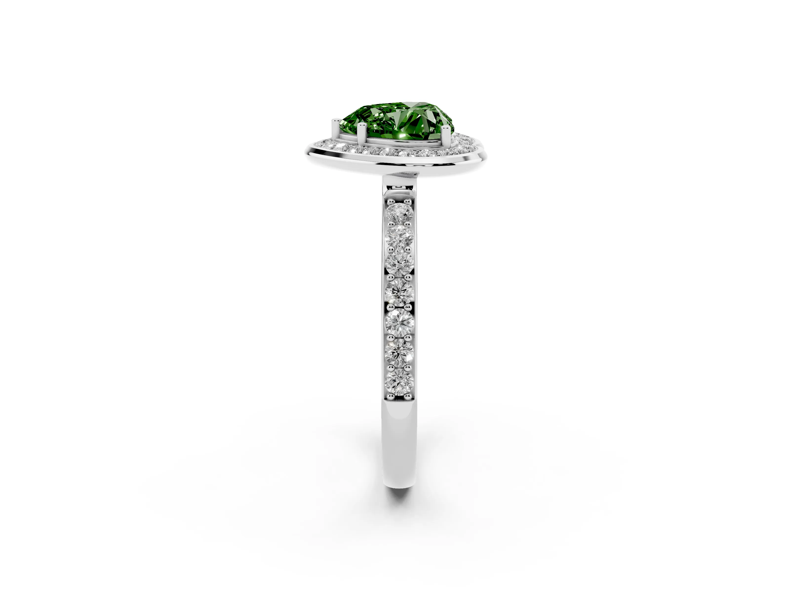 Fancy Green Heart Cut Diamond Halo Ring Set in White gold with Bezel Frame and Pavé Band
