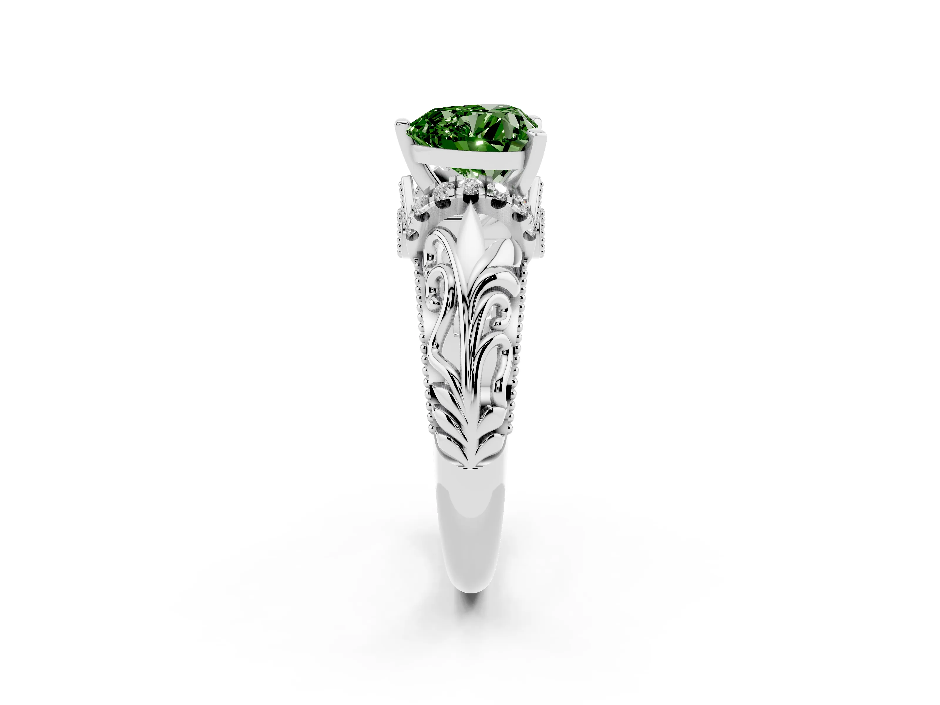 Fancy Green Heart Cut Diamond Filigree Halo Engagement Ring Set in Silver with Prong Setting