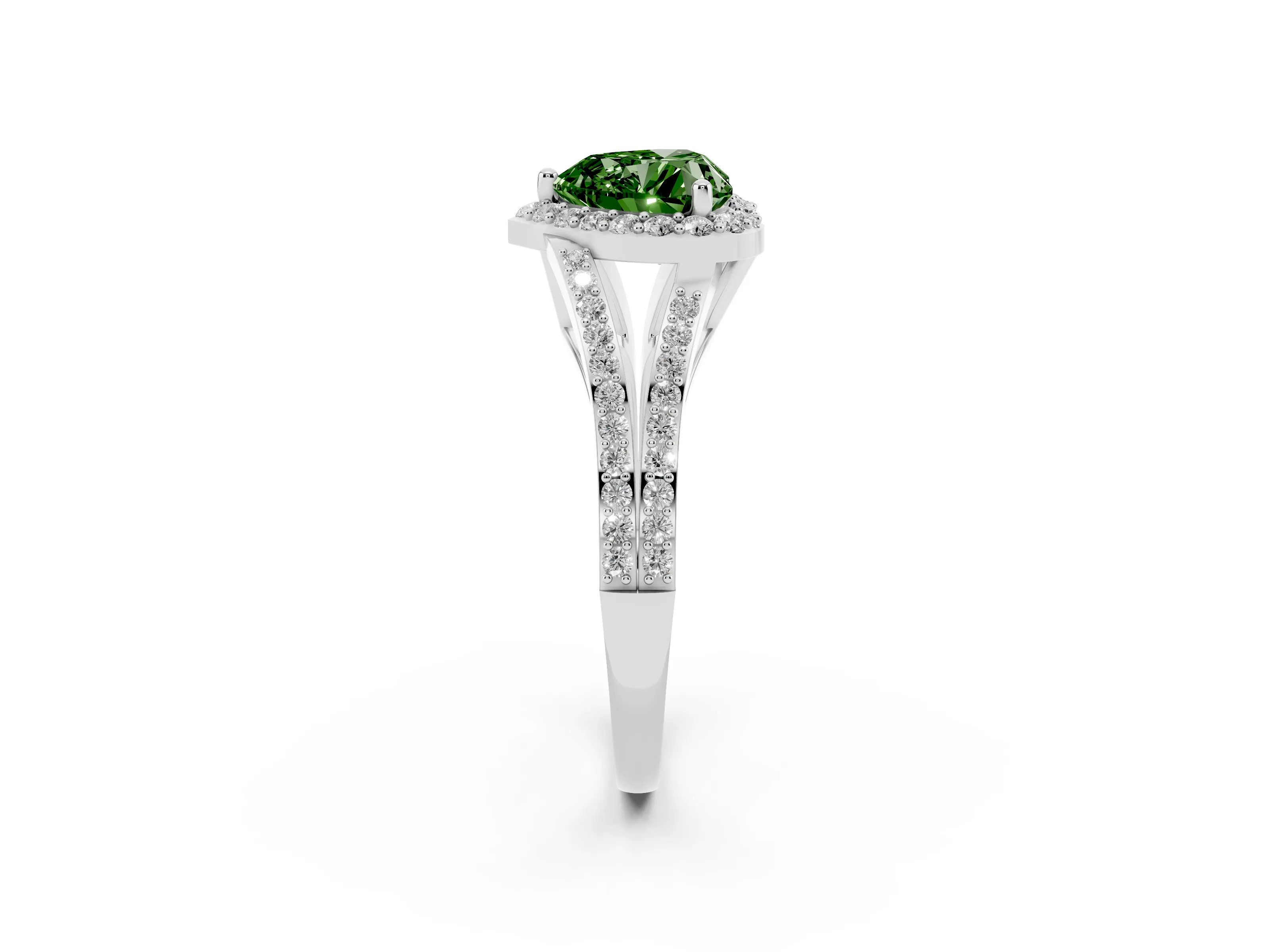 Fancy Green Heart Cut Diamond Halo Split Shank Pavé Ring Set in Platinum with Prong Setting