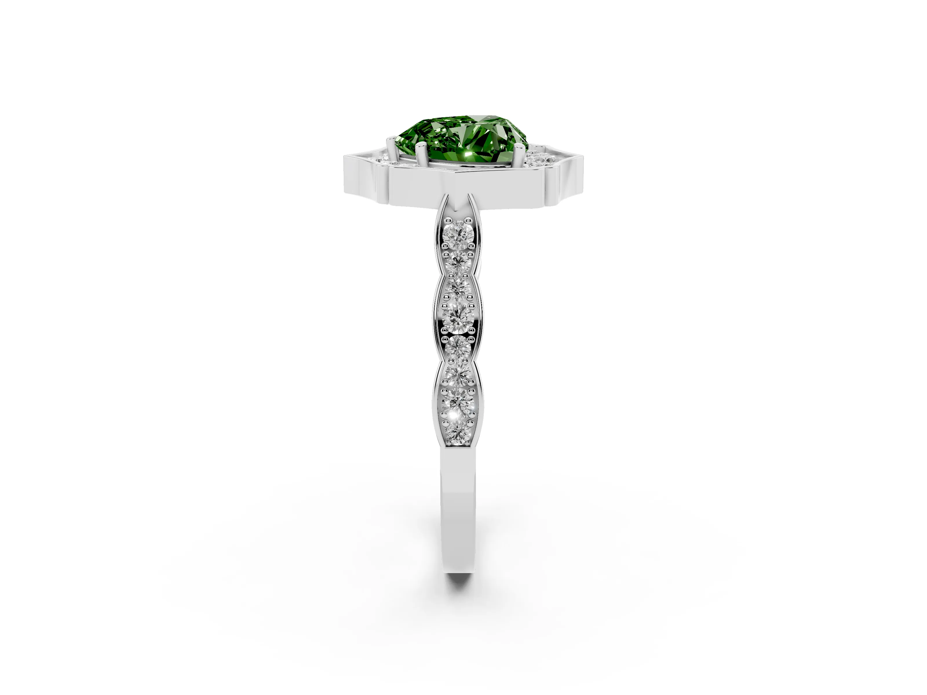 Fancy Green Heart Cut Diamond Halo Engagement Ring Set in White gold with Milgrain Band and Prong Setting
