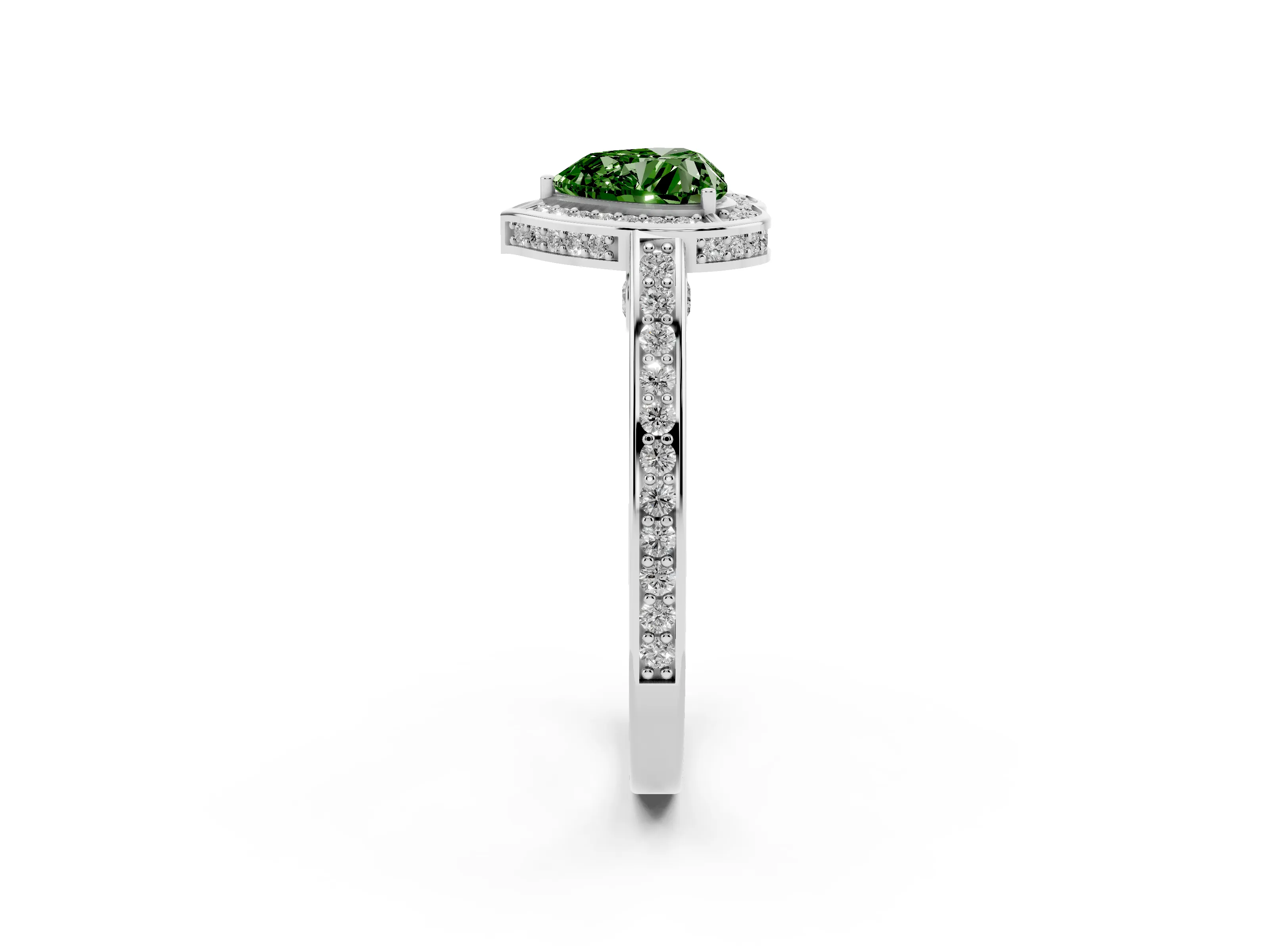 Fancy Green Heart Cut Diamond Halo Pavé Split Shank Ring Set in Platinum with Prong Setting
