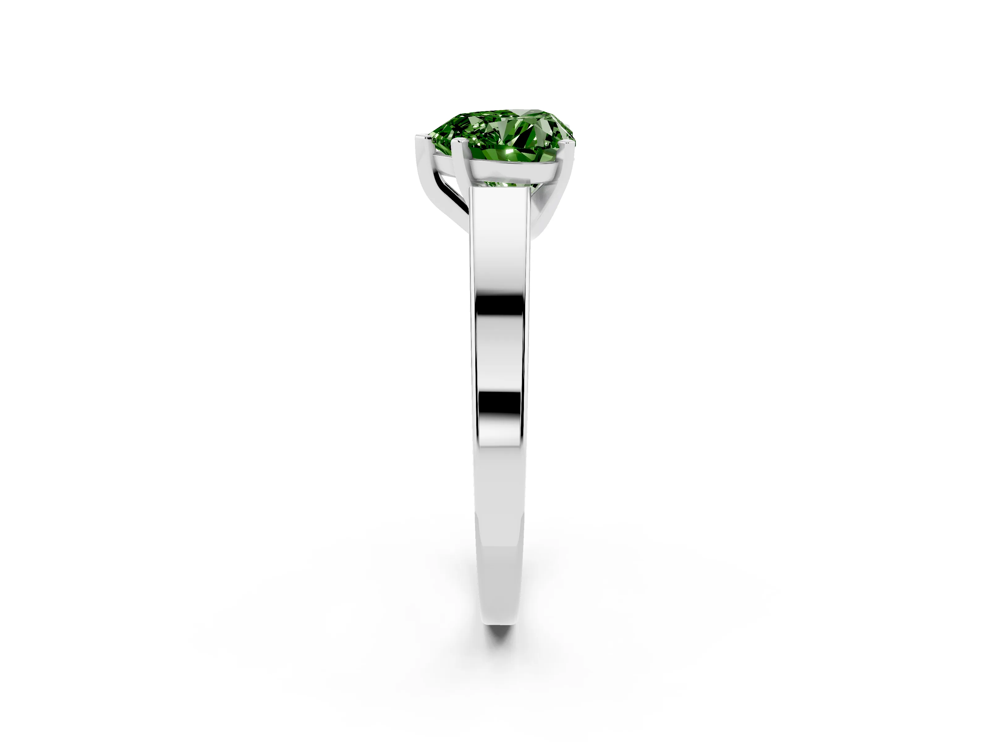 Fancy Green Heart Cut Diamond Solitaire Engagement Ring Set in White gold with Prong Setting and Tapered Band