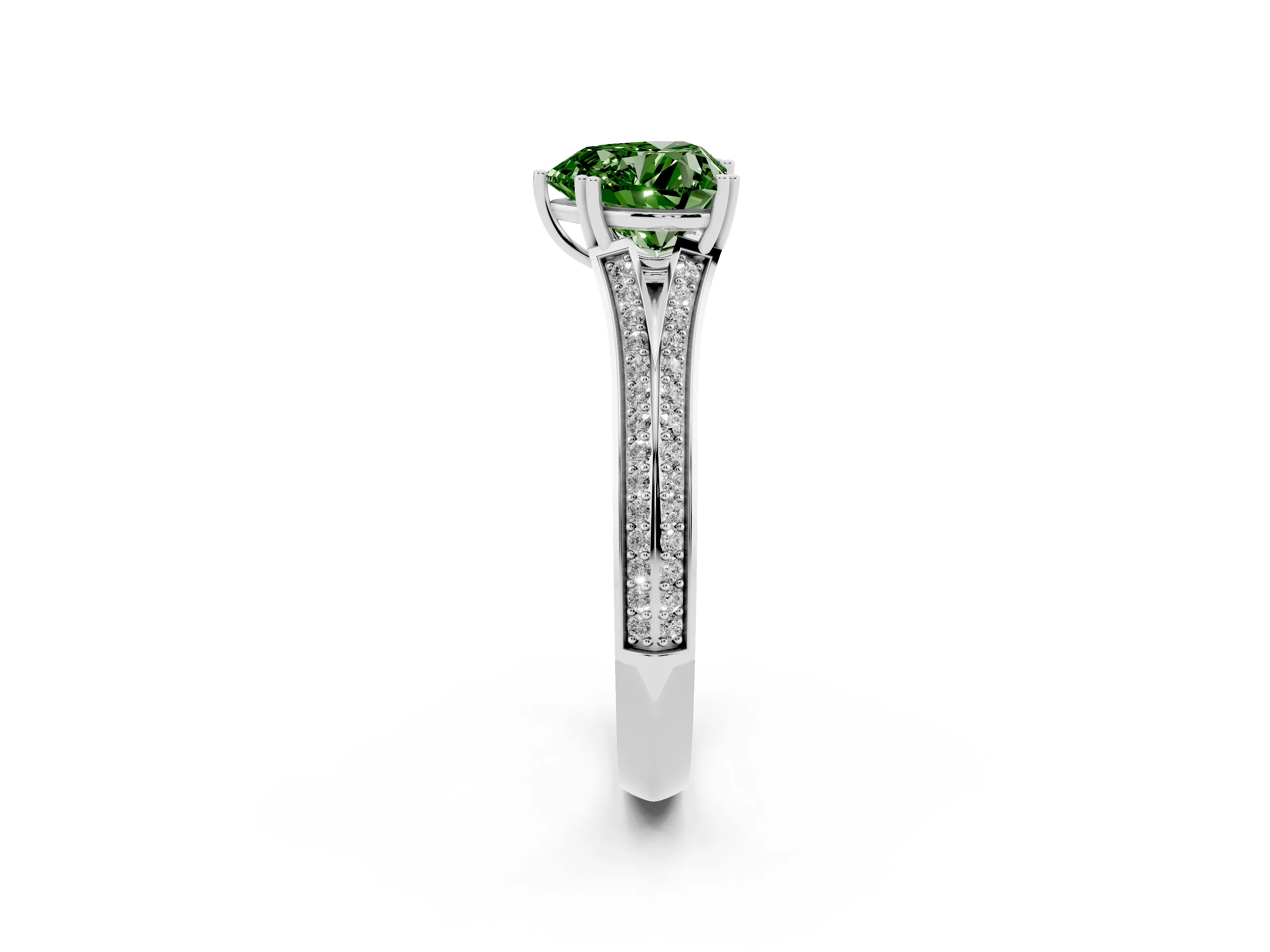 Fancy Green Heart Cut Diamond Split Shank Pavé Engagement Ring Set in White gold with Prong-Set Center Stone