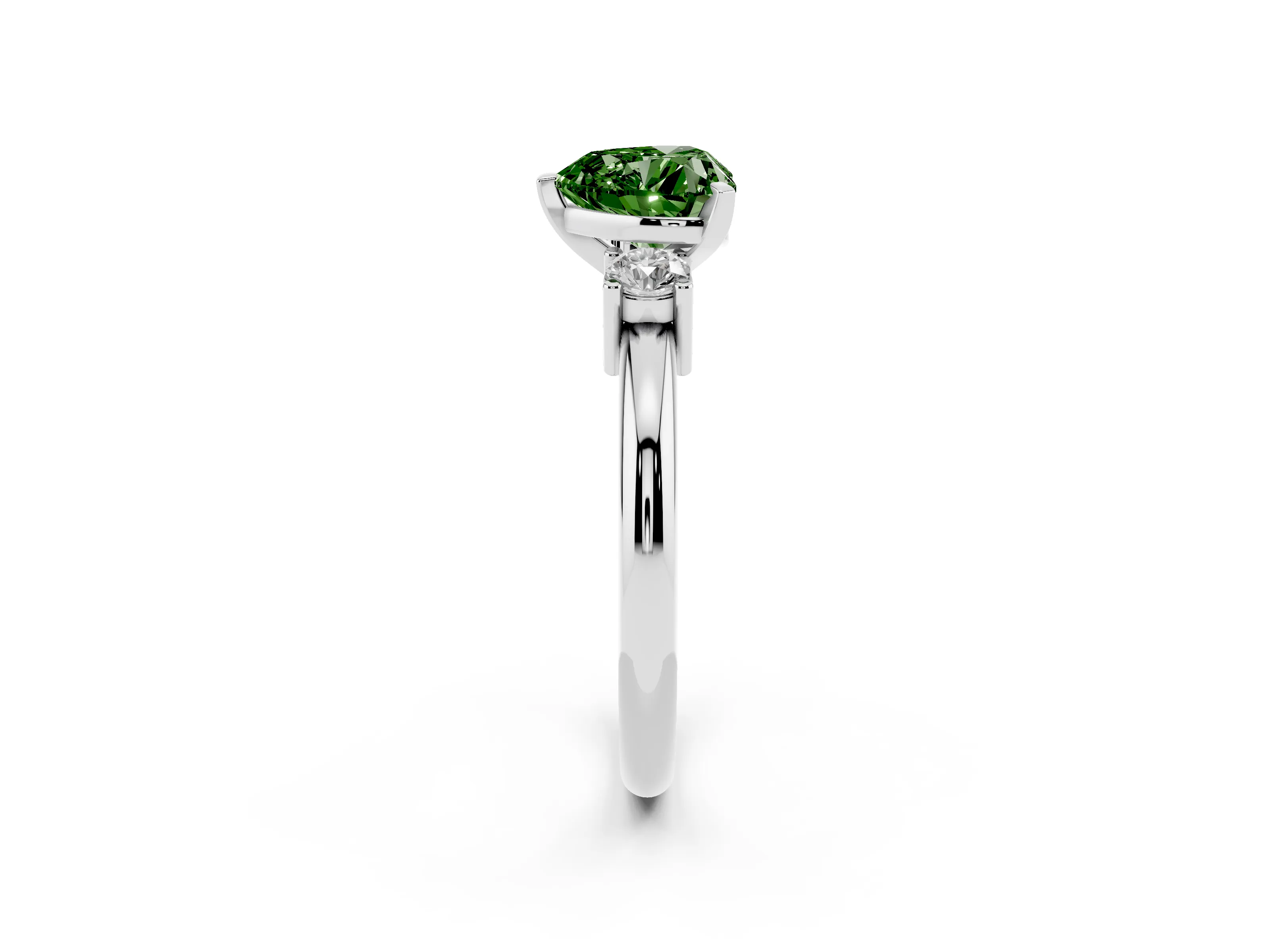 Fancy Green Three-Stone Heart Cut Diamond Ring Set in Silver with Prong Setting and Plain Band