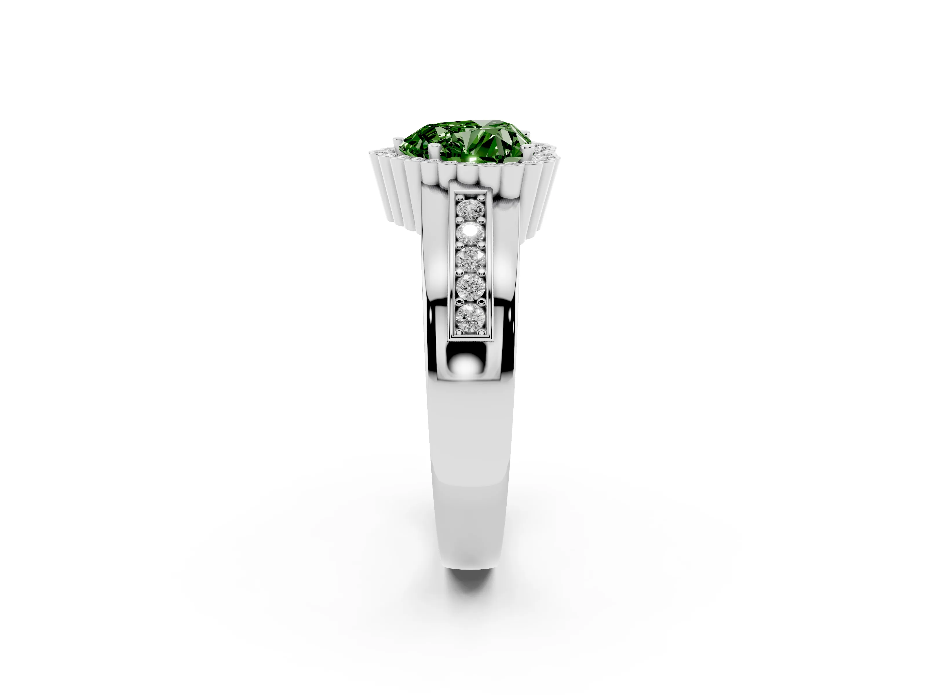 Fancy Green Heart Cut Diamond Halo Prong Ring Set in Platinum with Pavé Band