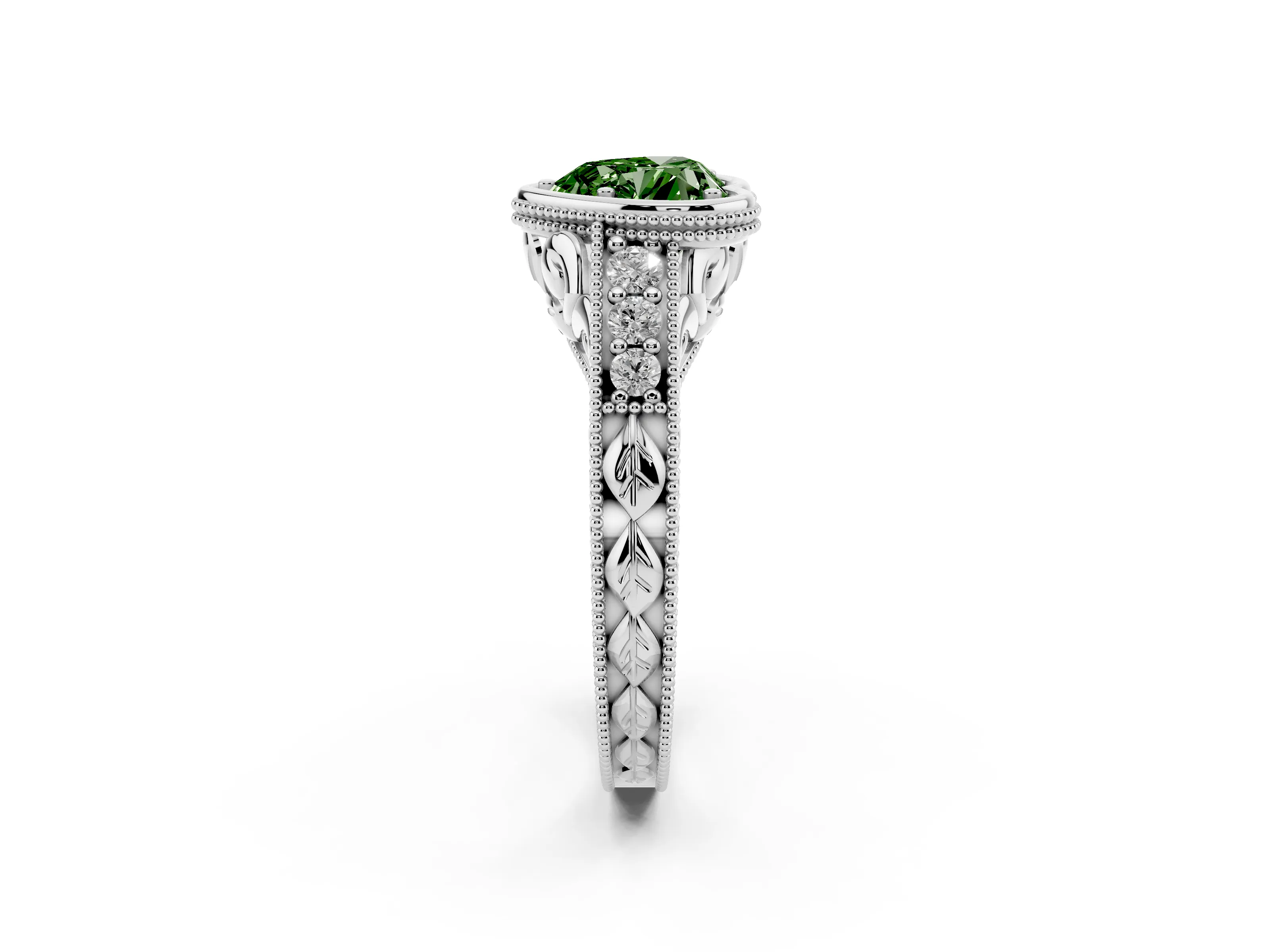 Fancy Green Bezel Set Heart Cut Diamond Milgrain Pavé Engagement Ring Set in Silver