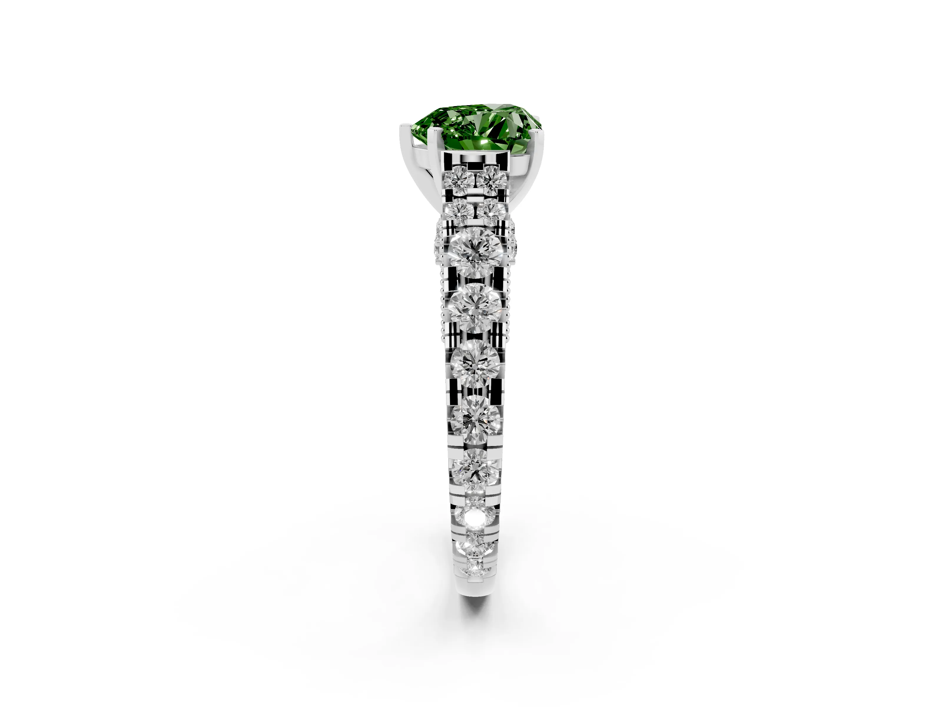 Fancy Green Heart Cut Diamond Classic Solitaire Ring Set in Silver with Pavé Band and Prong Setting