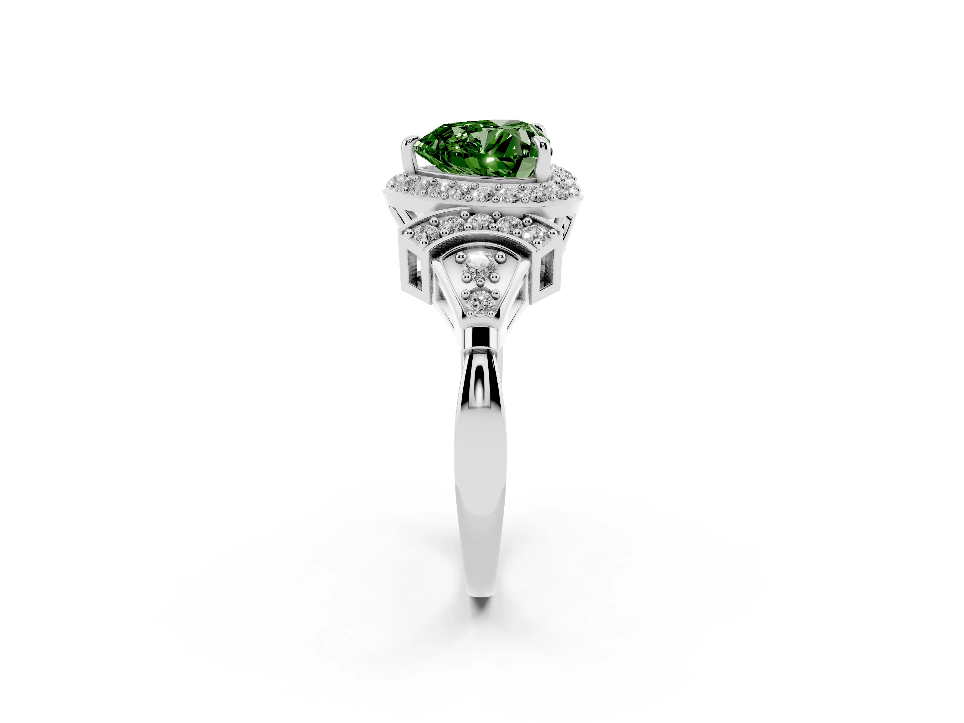 Fancy Green Heart Cut Diamond Halo Engagement Ring Set in Silver with Accent Stone Split Shank