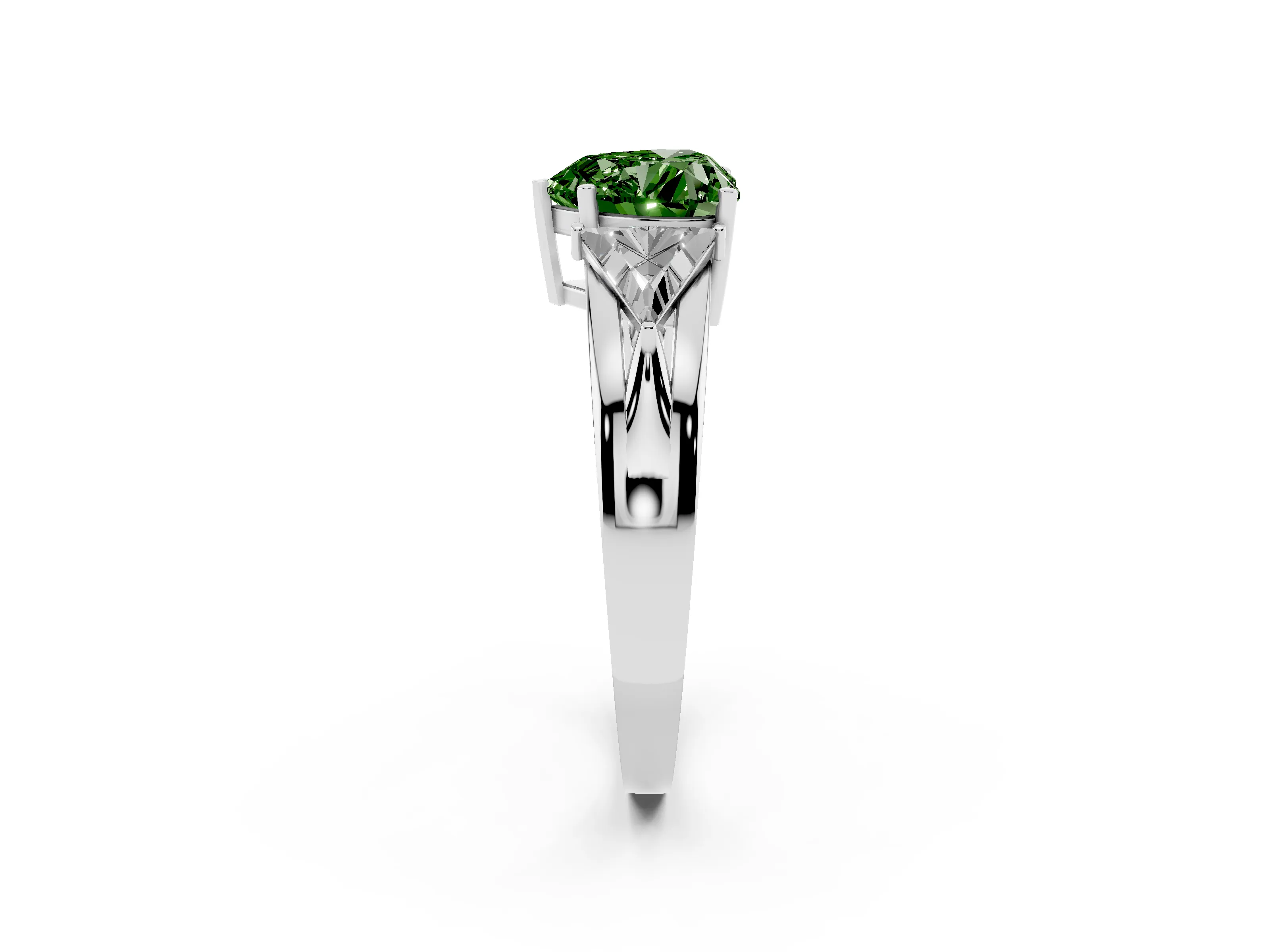 Fancy Green Heart Cut Diamond Three-Stone Ring Set in Platinum with Trillion Side Stones and Split Shank