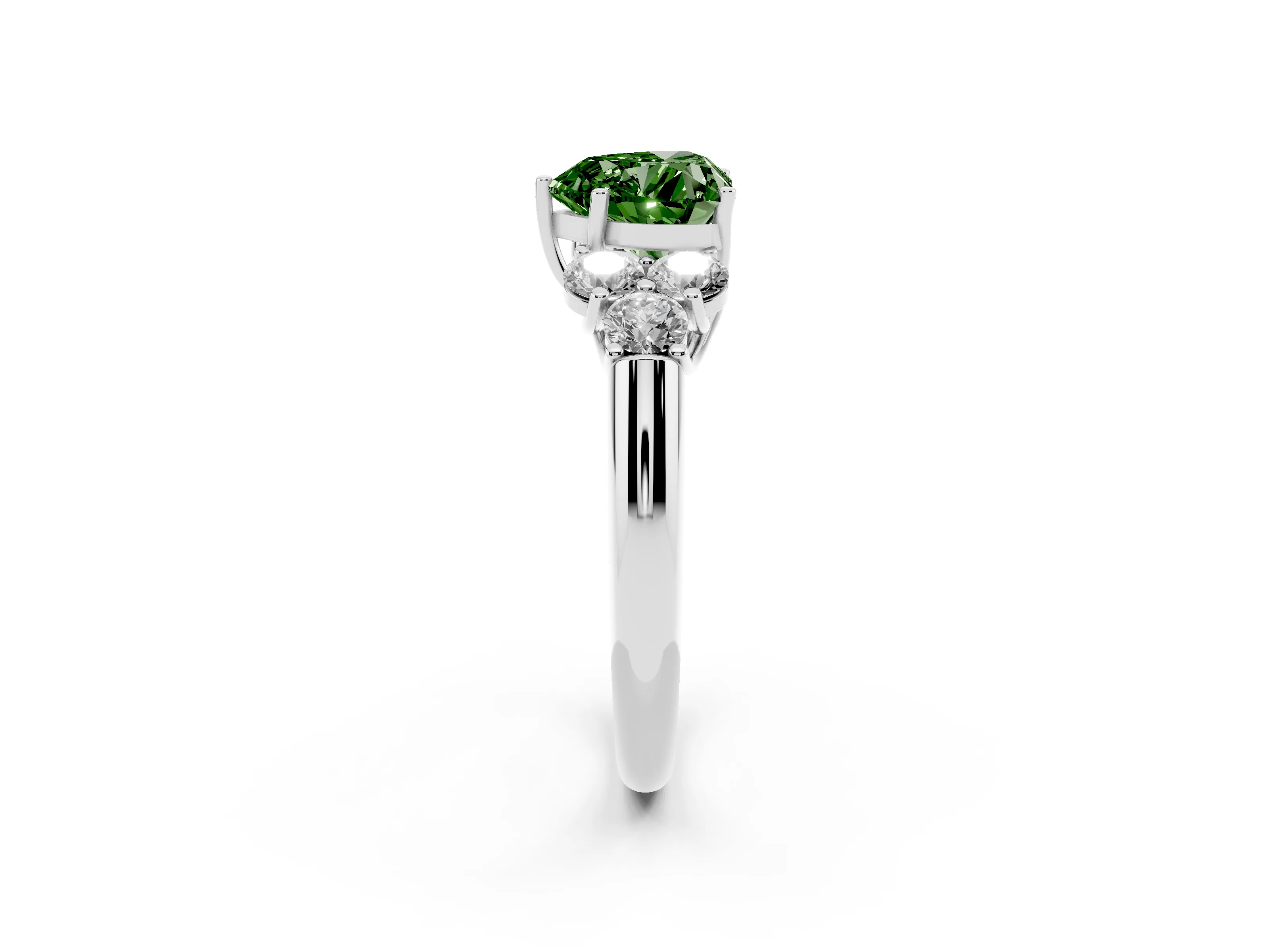 Fancy Green Heart Cut Diamond Cluster Ring Set in Platinum with Round Accent Stones and Prong Setting on a Plain Band
