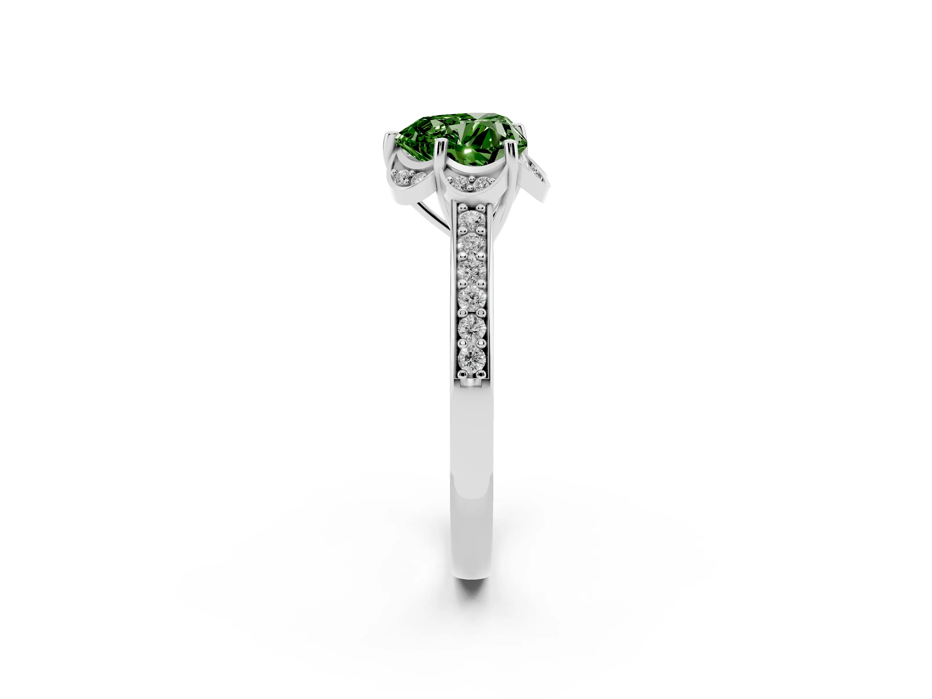 Fancy Green Heart Cut Diamond Halo Ring Set in Silver with Channel Set Band and Prong Setting