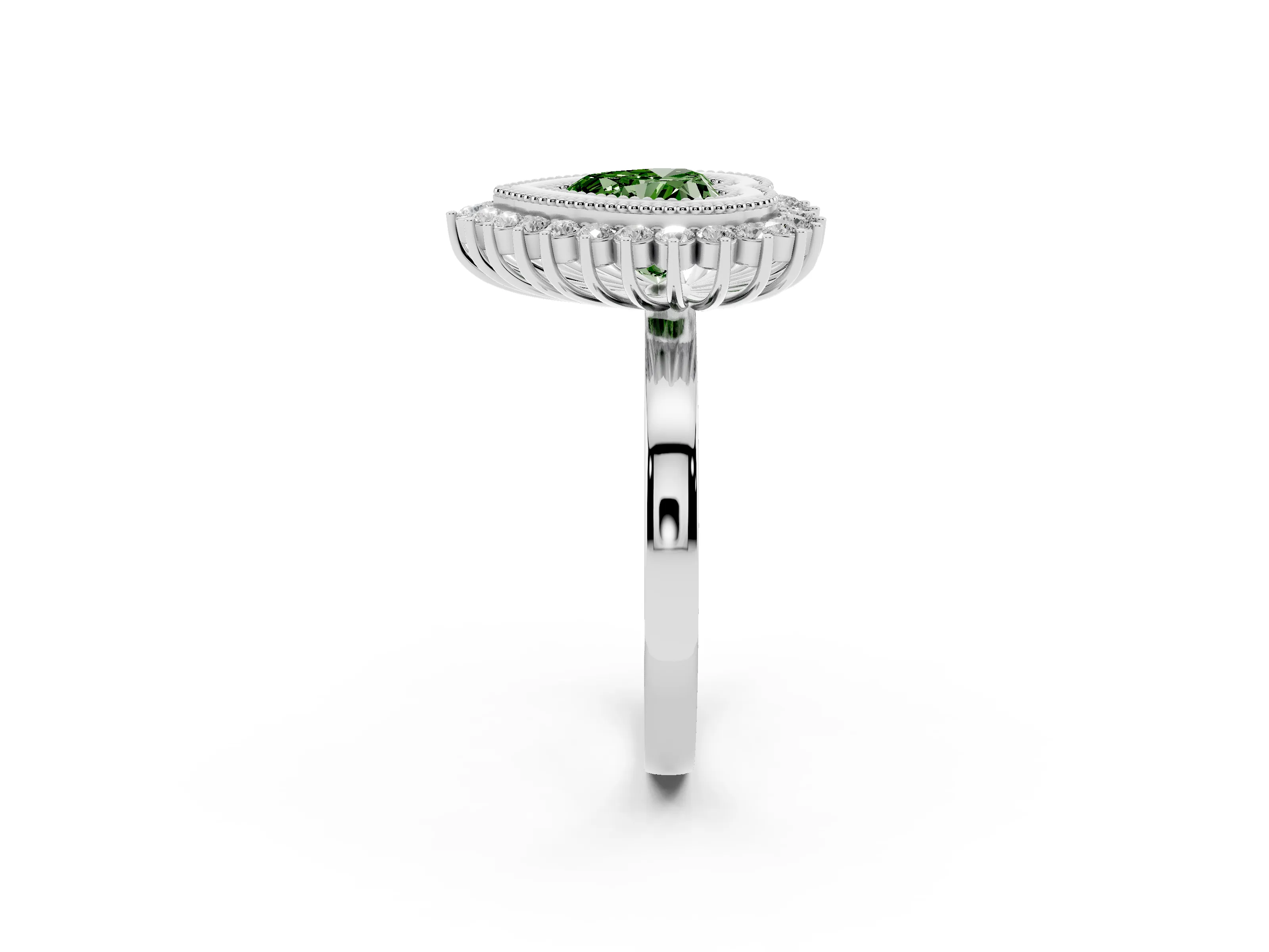 Fancy Green Heart Cut Diamond Halo Ring Set in White gold with Milgrain Edge and Round Prong Setting