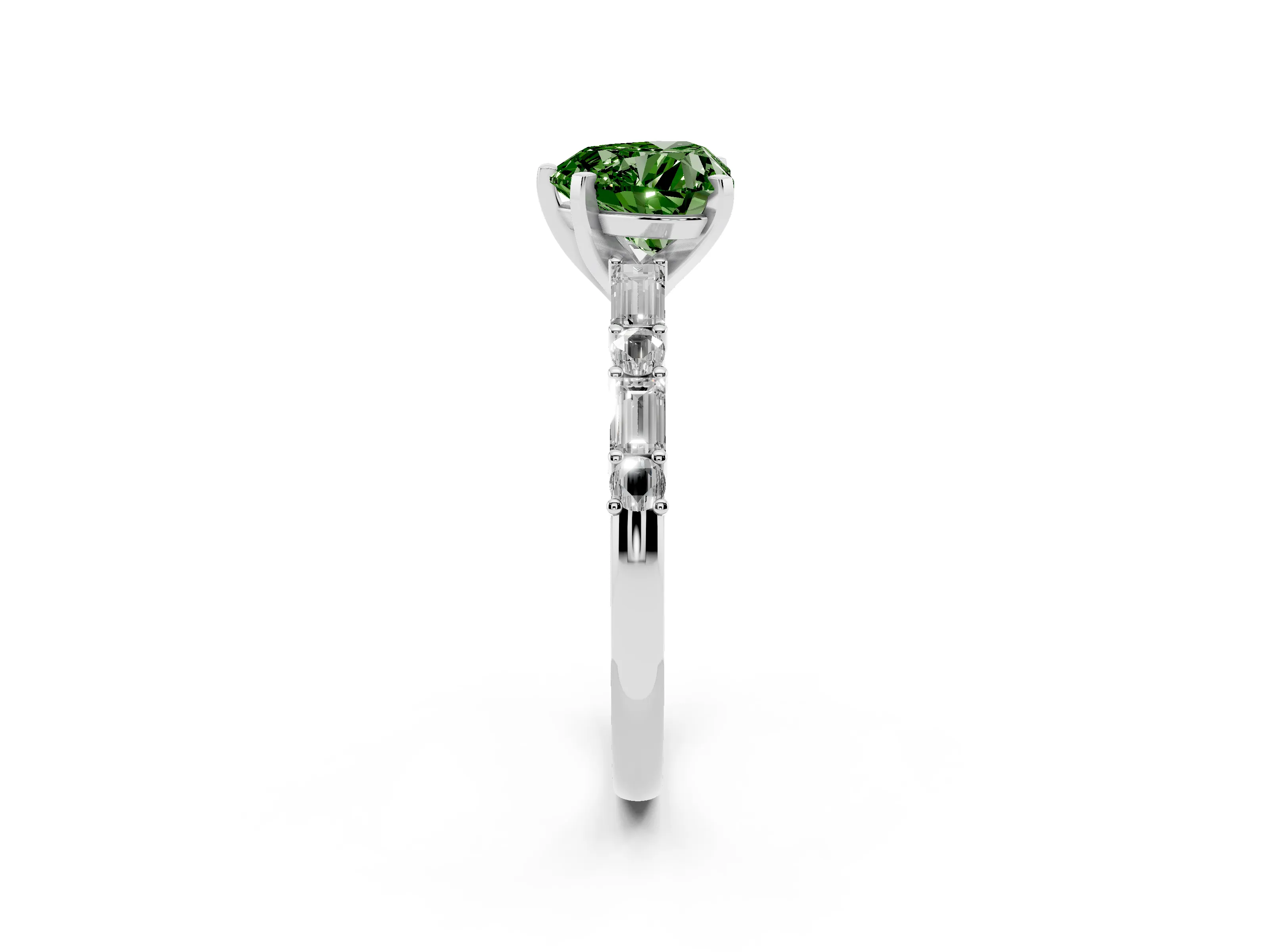 Fancy Green Heart Cut Diamond Solitaire Set in Silver with Side Baguettes and Channel Set Band