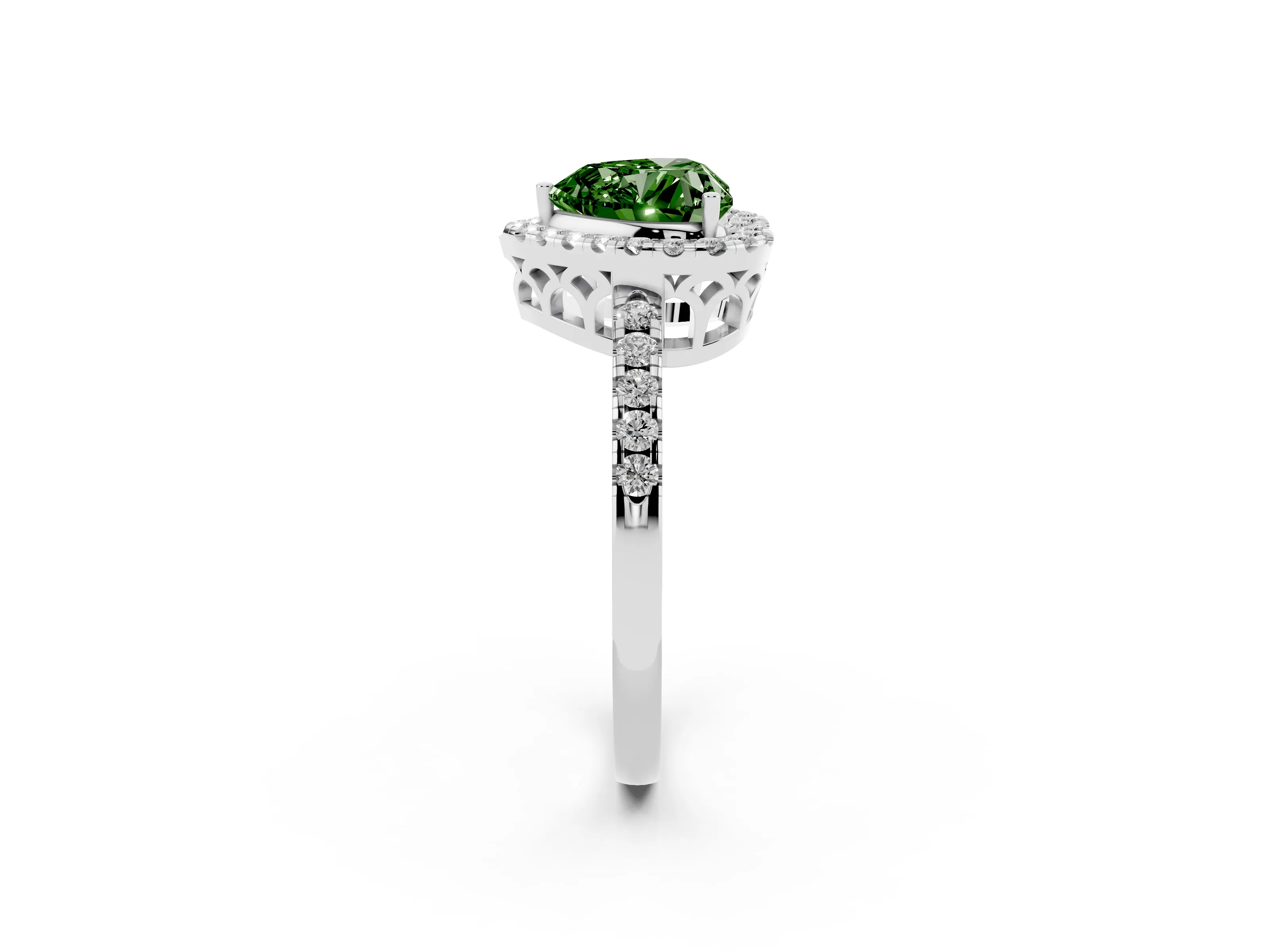 Fancy Green Heart Cut Diamond Pavé Band Halo Engagement Ring Set in White gold with Prong Setting