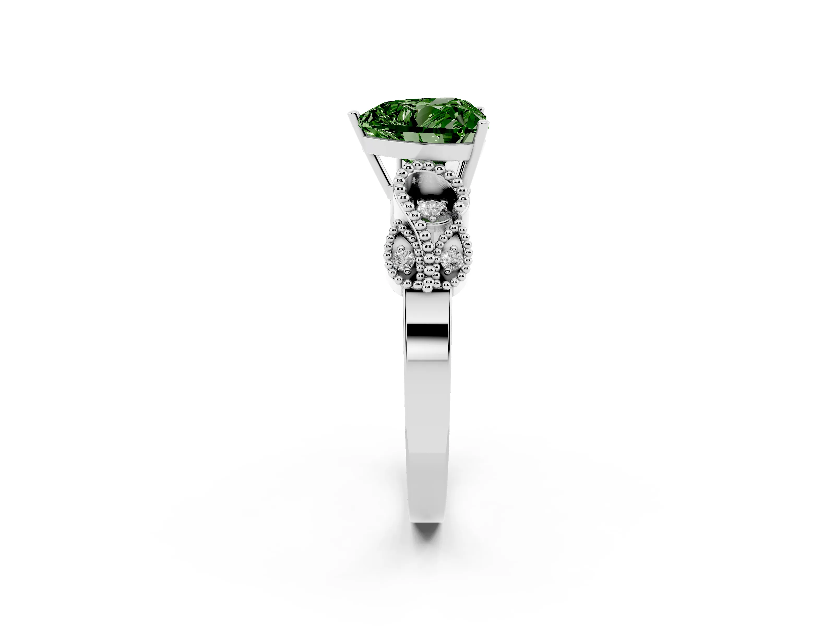 Fancy Green Heart Cut Diamond Milgrain Leaf Band Solitaire Ring Set in White gold with Accent Stones and Prong Setting