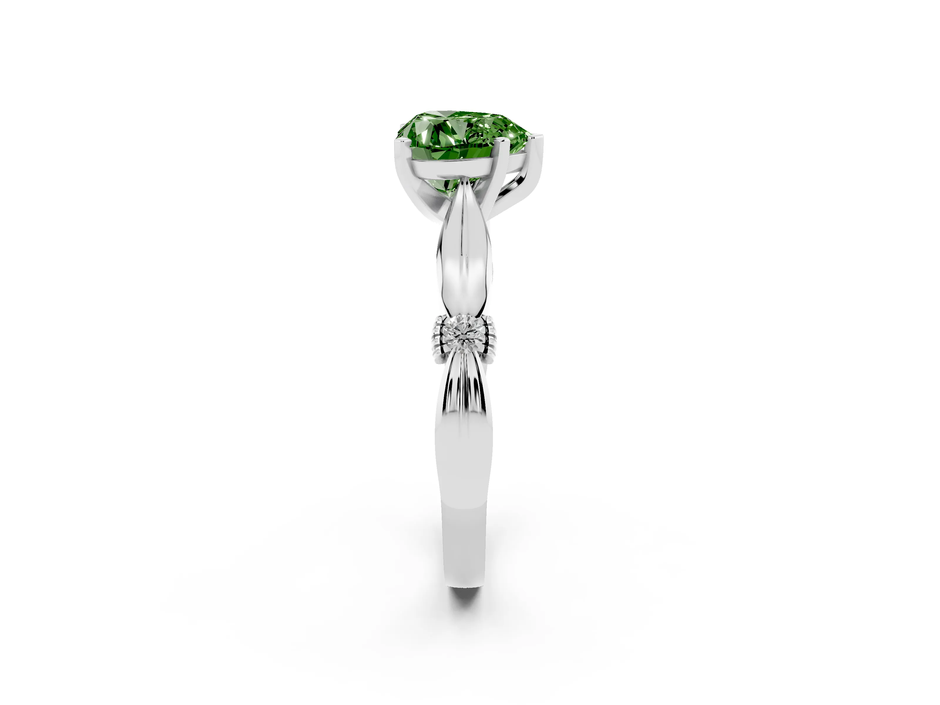 Fancy Green Heart Cut Diamond Solitaire Twisted Band Ring Set in Silver with Accent Stones and Prong Setting