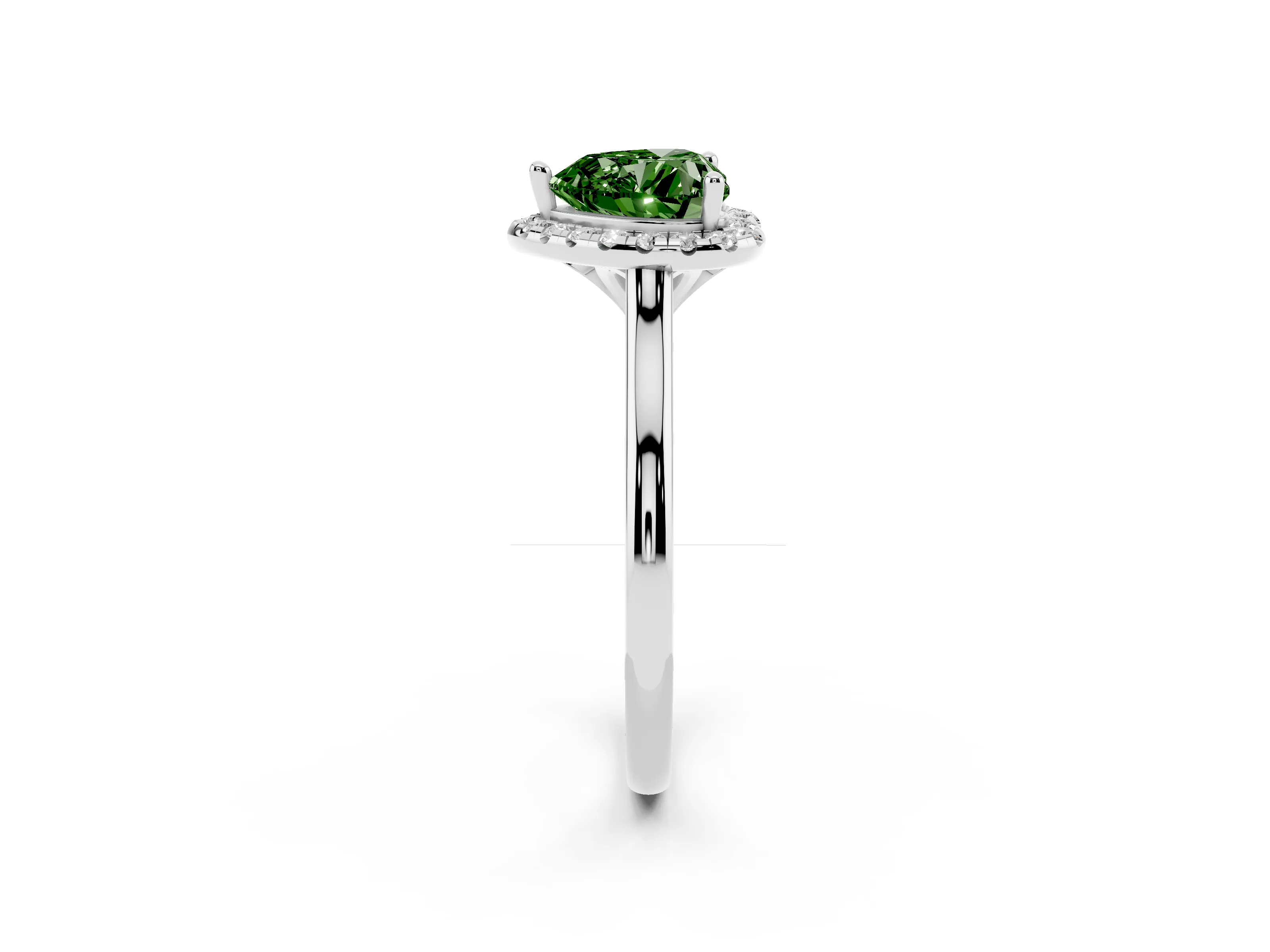 Fancy Green Heart Cut Diamond Halo Engagement Ring Set in White gold with Pavé Band and Rising Shoulders