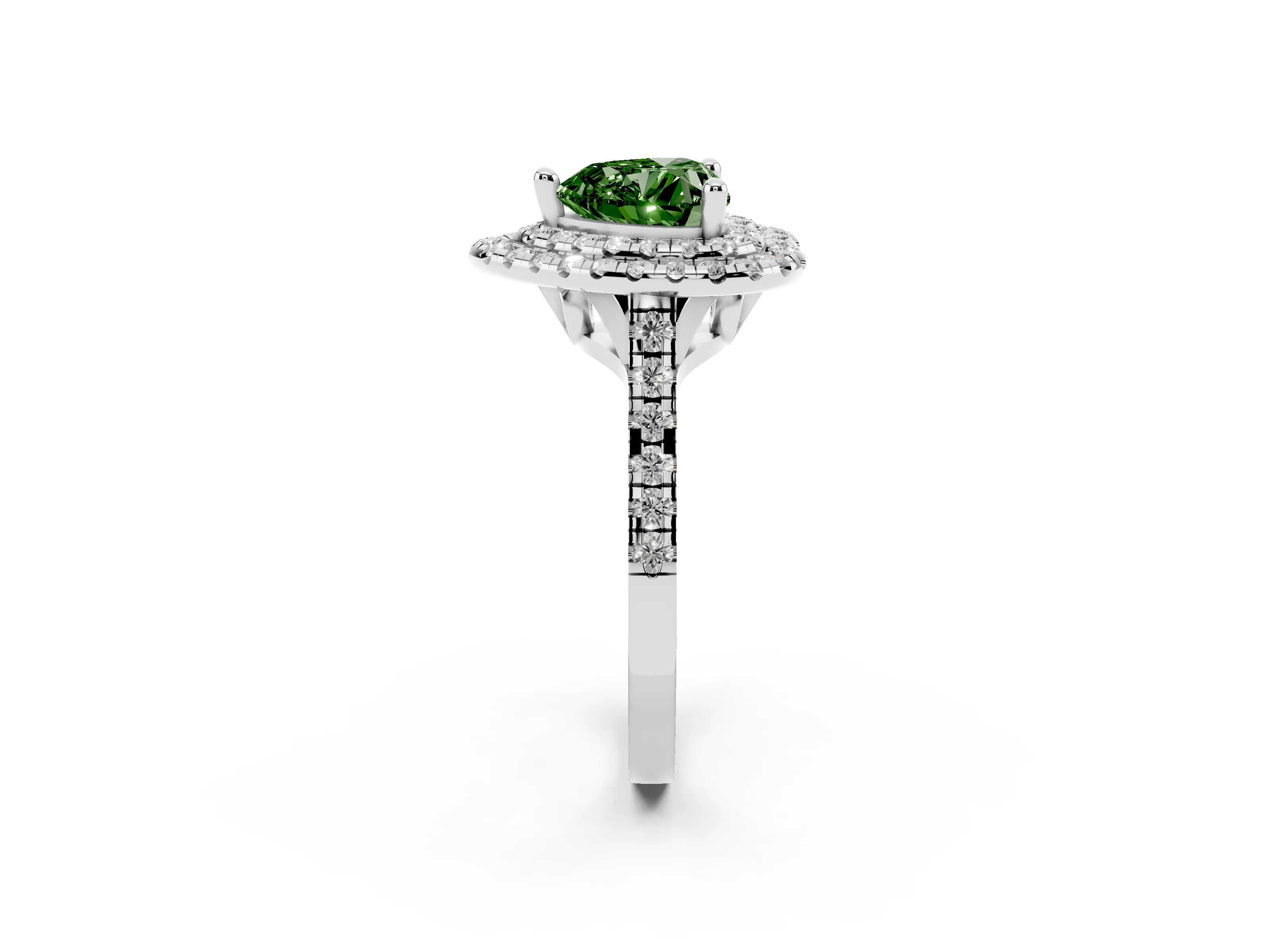 Fancy Green Heart Cut Diamond Double Halo Statement Ring Set in Platinum with Pavé Band