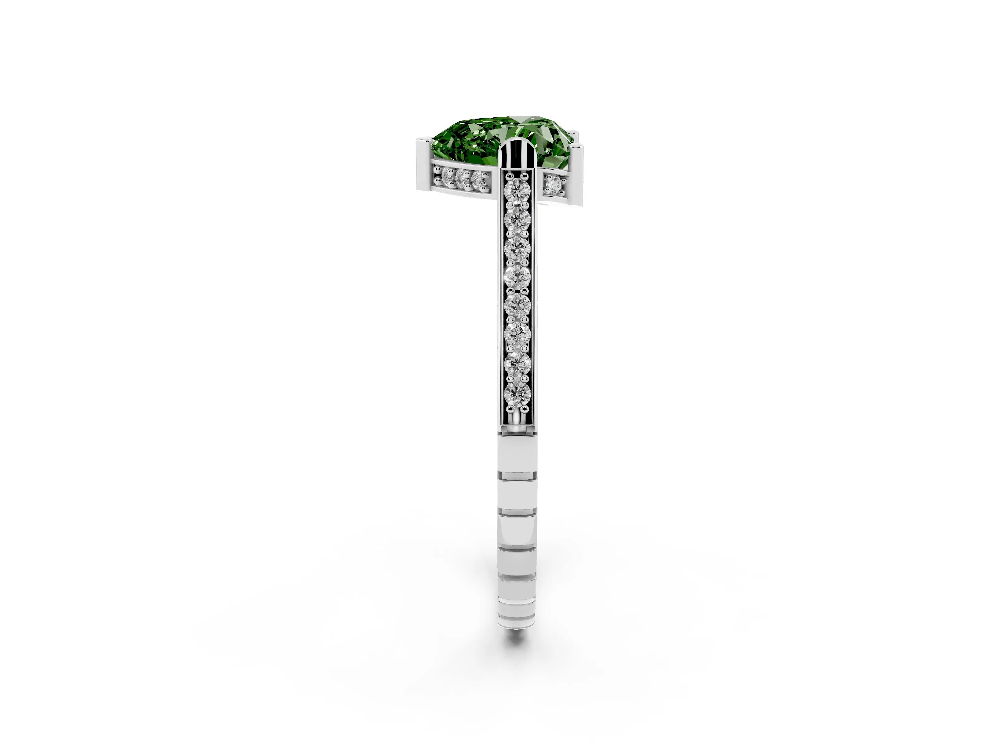 Fancy Green Heart Cut Diamond Solitaire Ring Set in White gold with Channel Set Band and Bezel Prong Setting